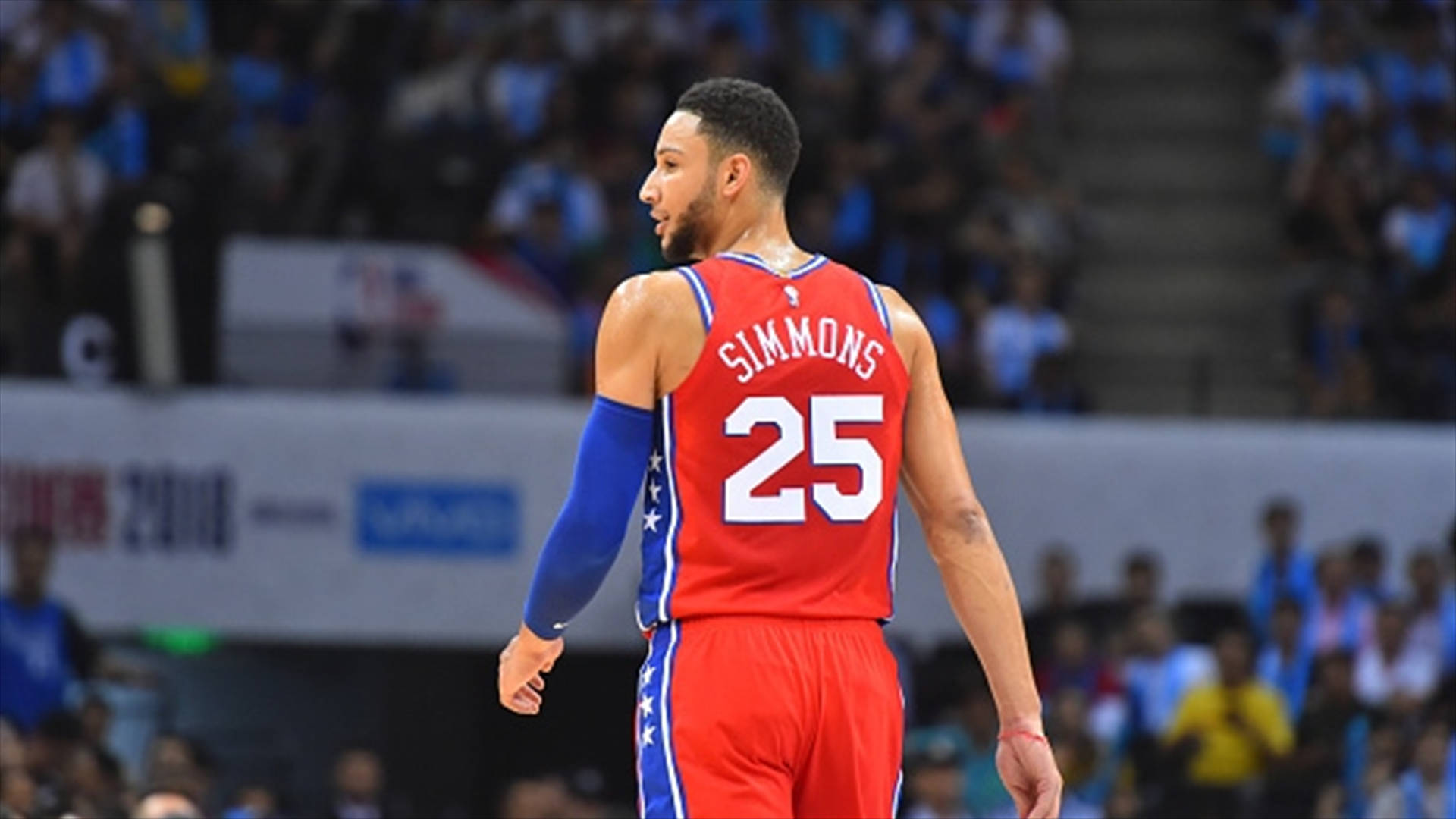 Ben Simmons In Red Sixers Jersey Background