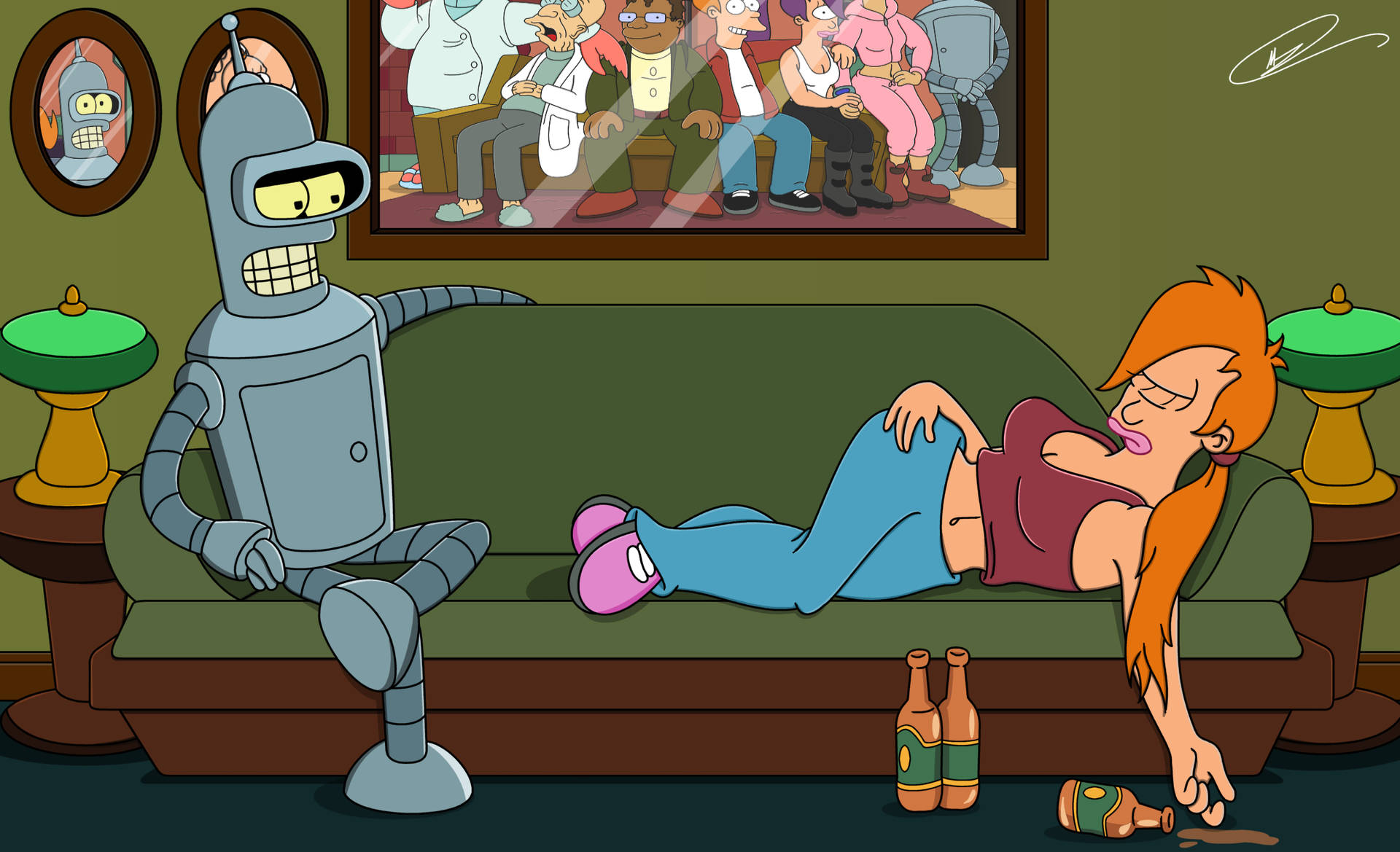 Bender With Sleeping Girl Futurama Background