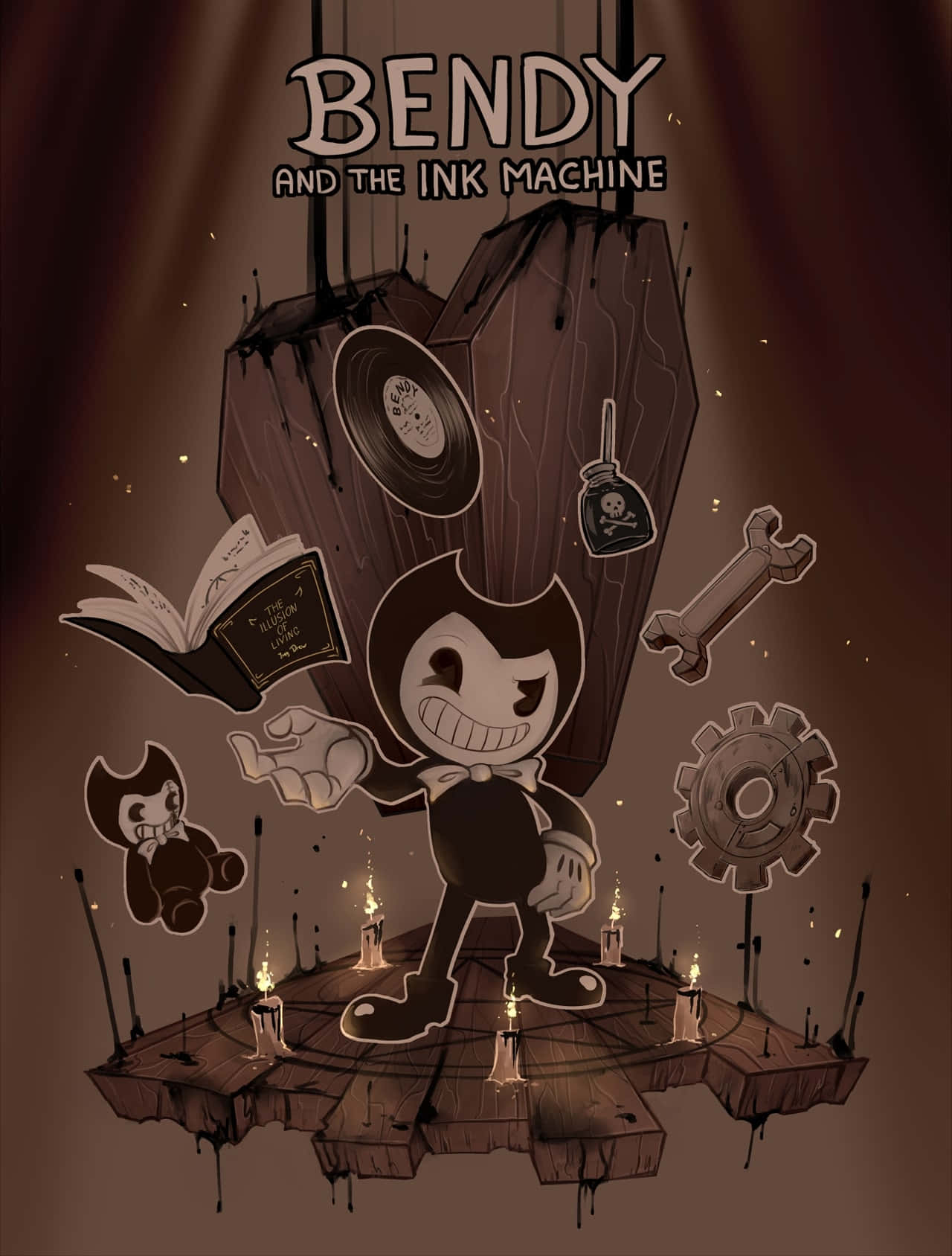 Bendy Strikes A Pose In An Eerie Vintage Cartoon Setting Background