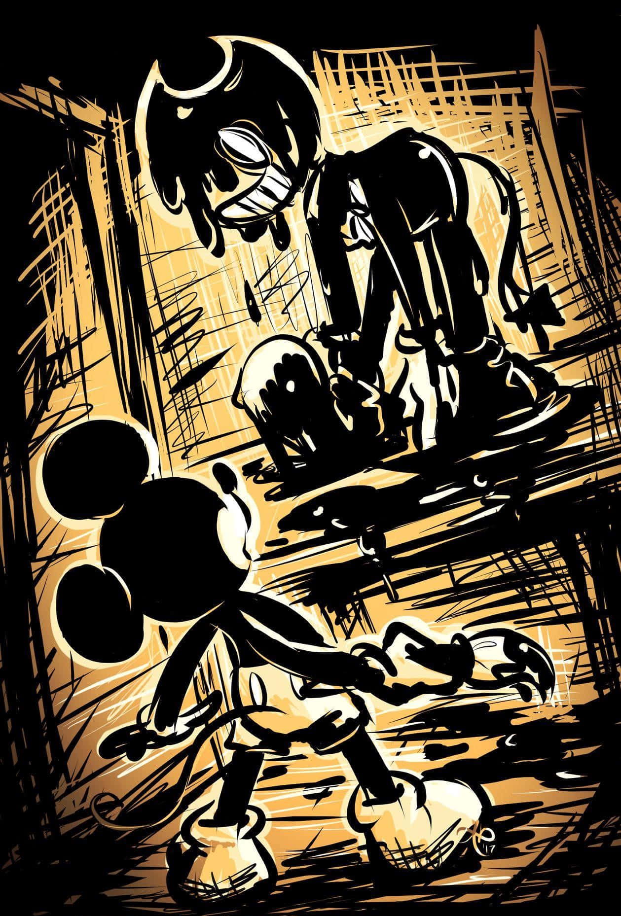 Bendy The Ink Demon Strikes A Pose Against A Retro-styled Ink Factory Background. Background