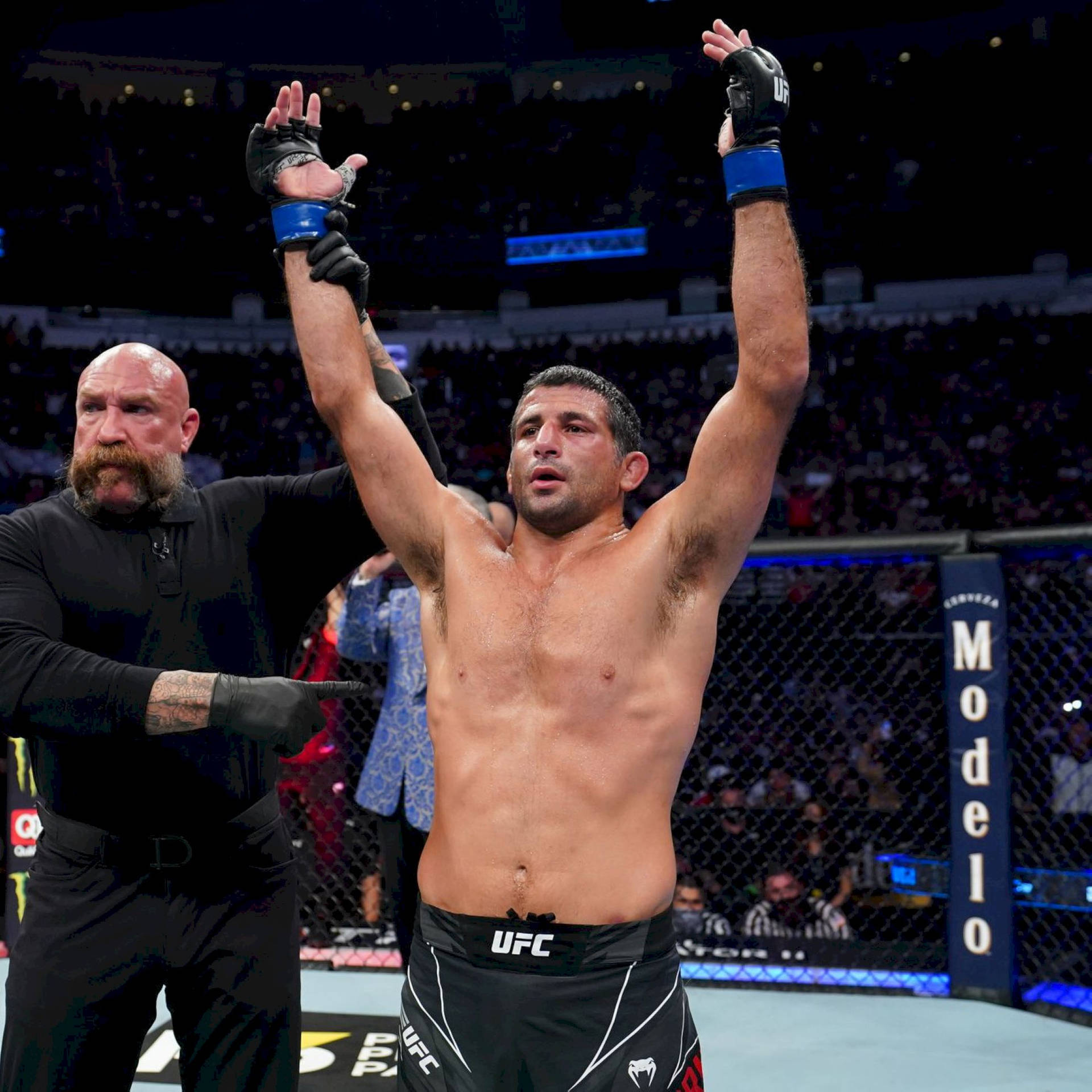 Beneil Dariush Raising Arms Triumphantly Background