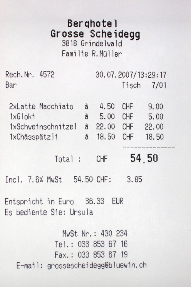 Berghotel Grosse Scheidegg Receipt