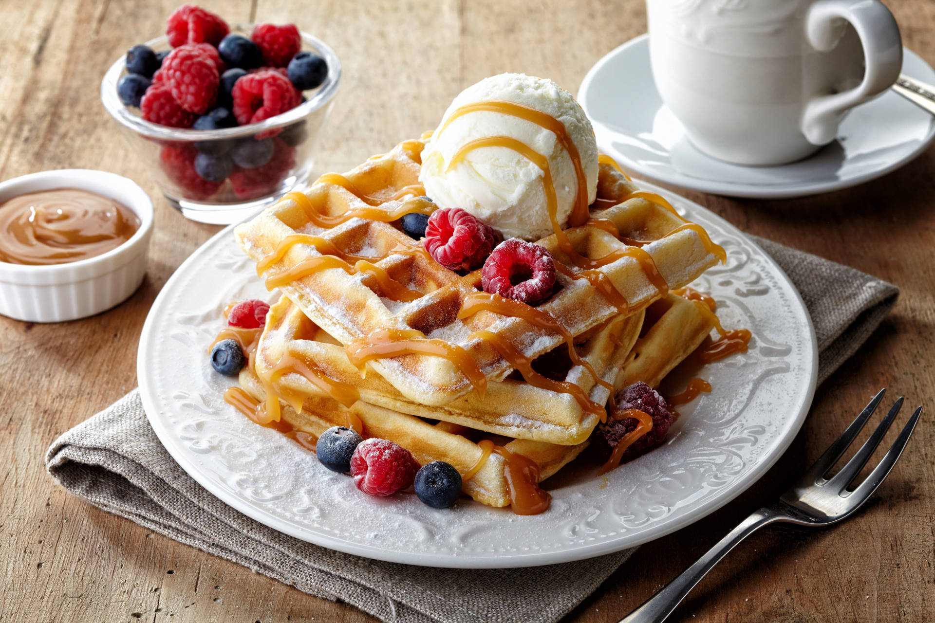 Berry Waffles With Ice Cream Background