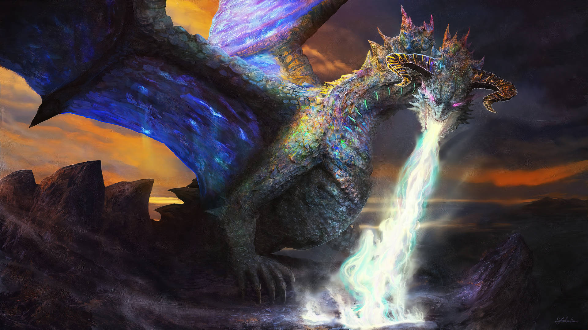 Best Colorful Dragon Throwing White Flames Background
