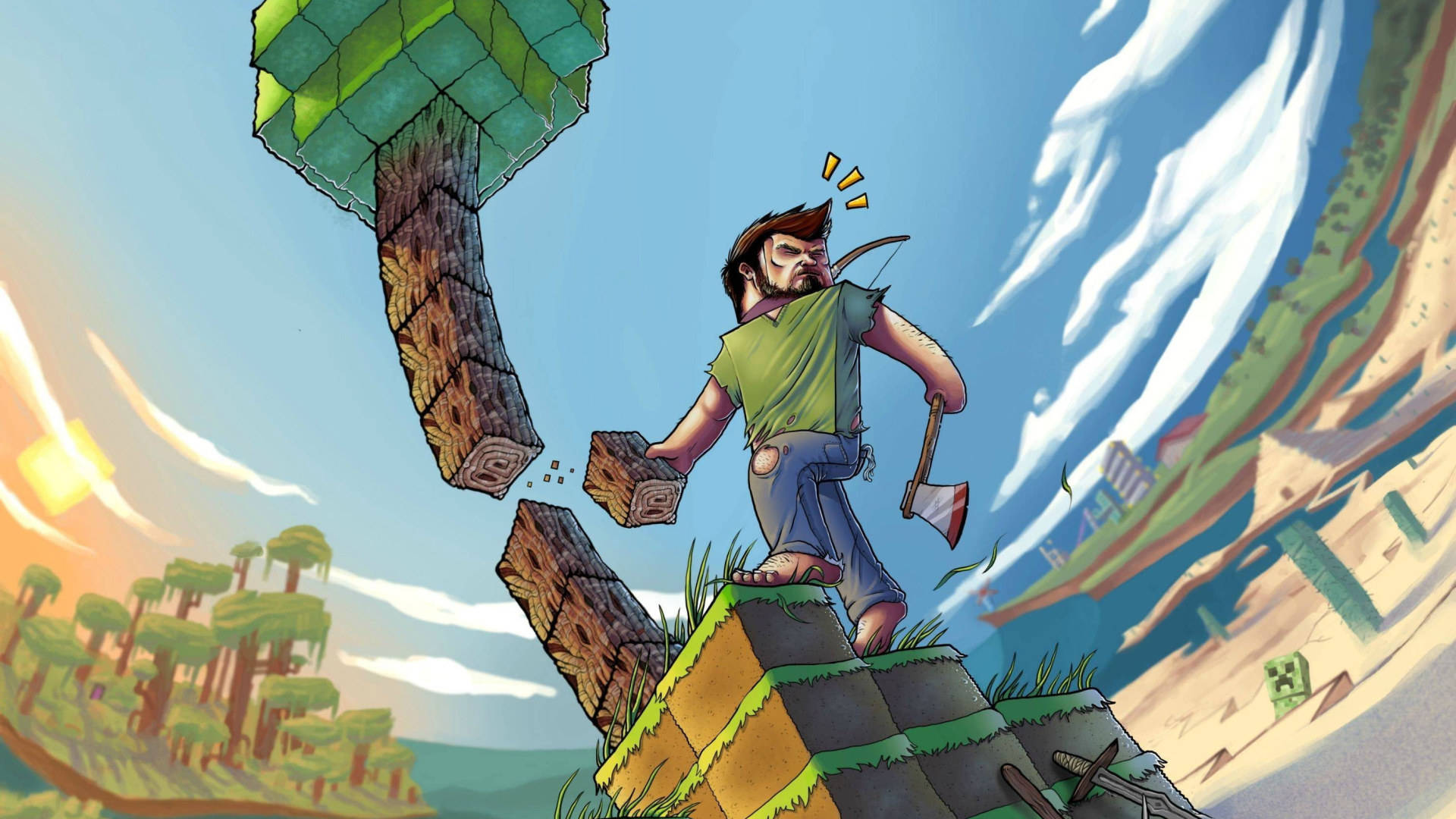 Best Minecraft Steve Cutting A Tree Background