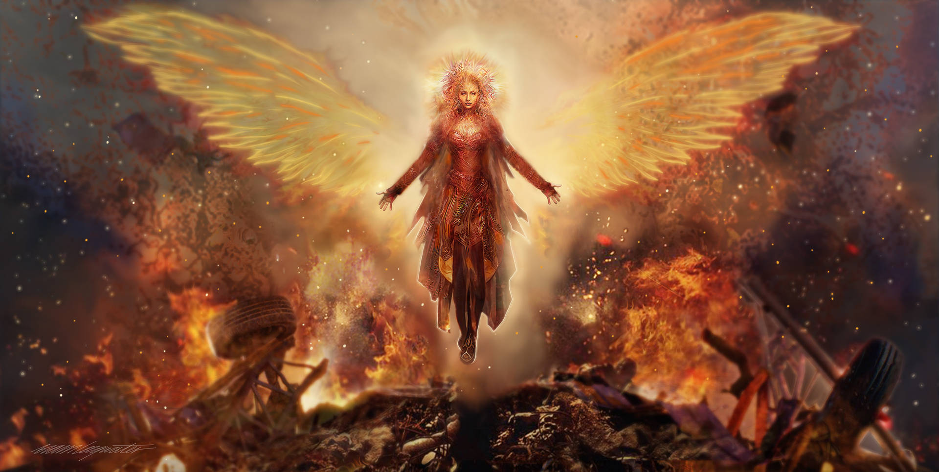 Bewitching Angel With Fire Wings Background