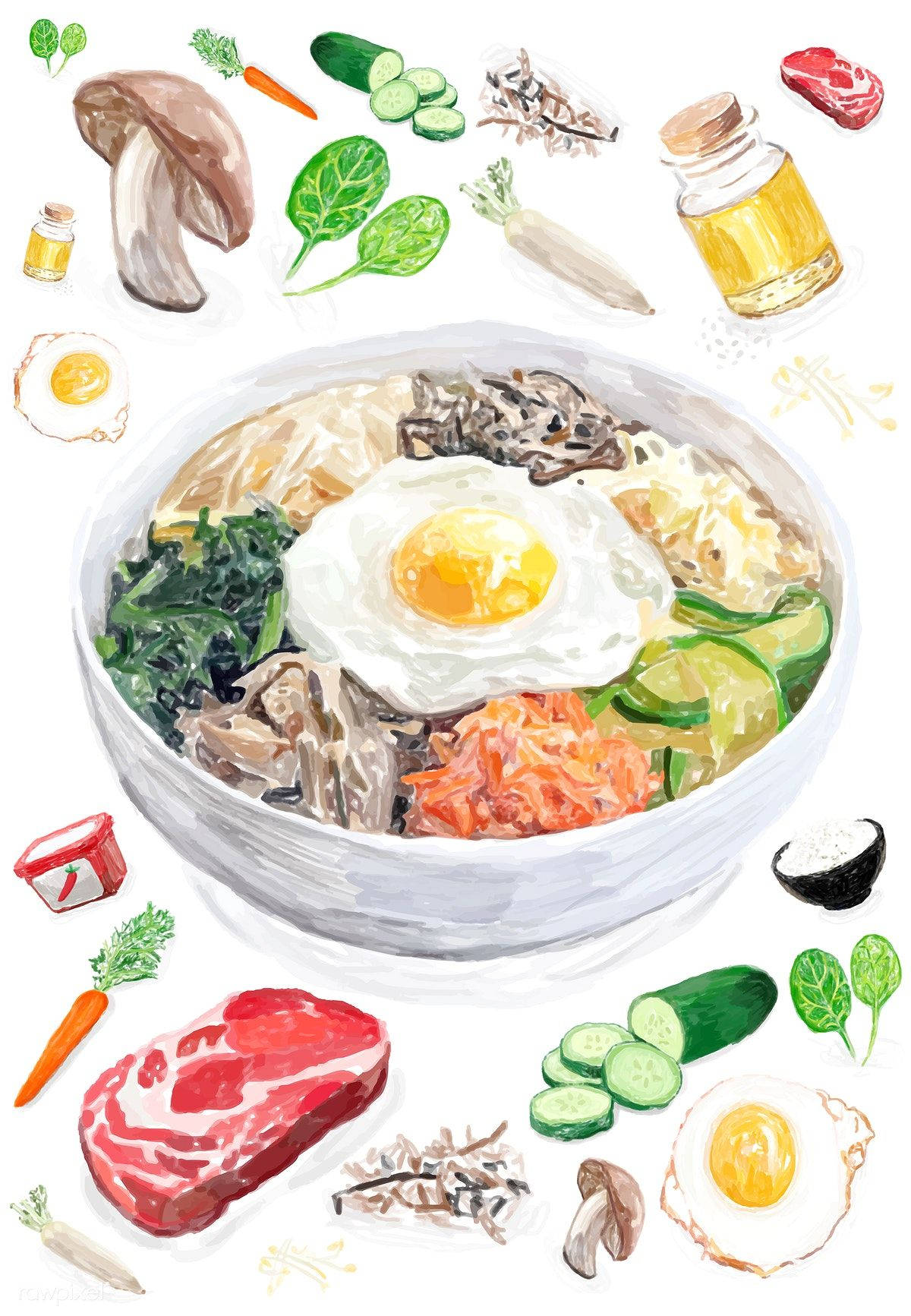 Bibimbap Water Color Art Background