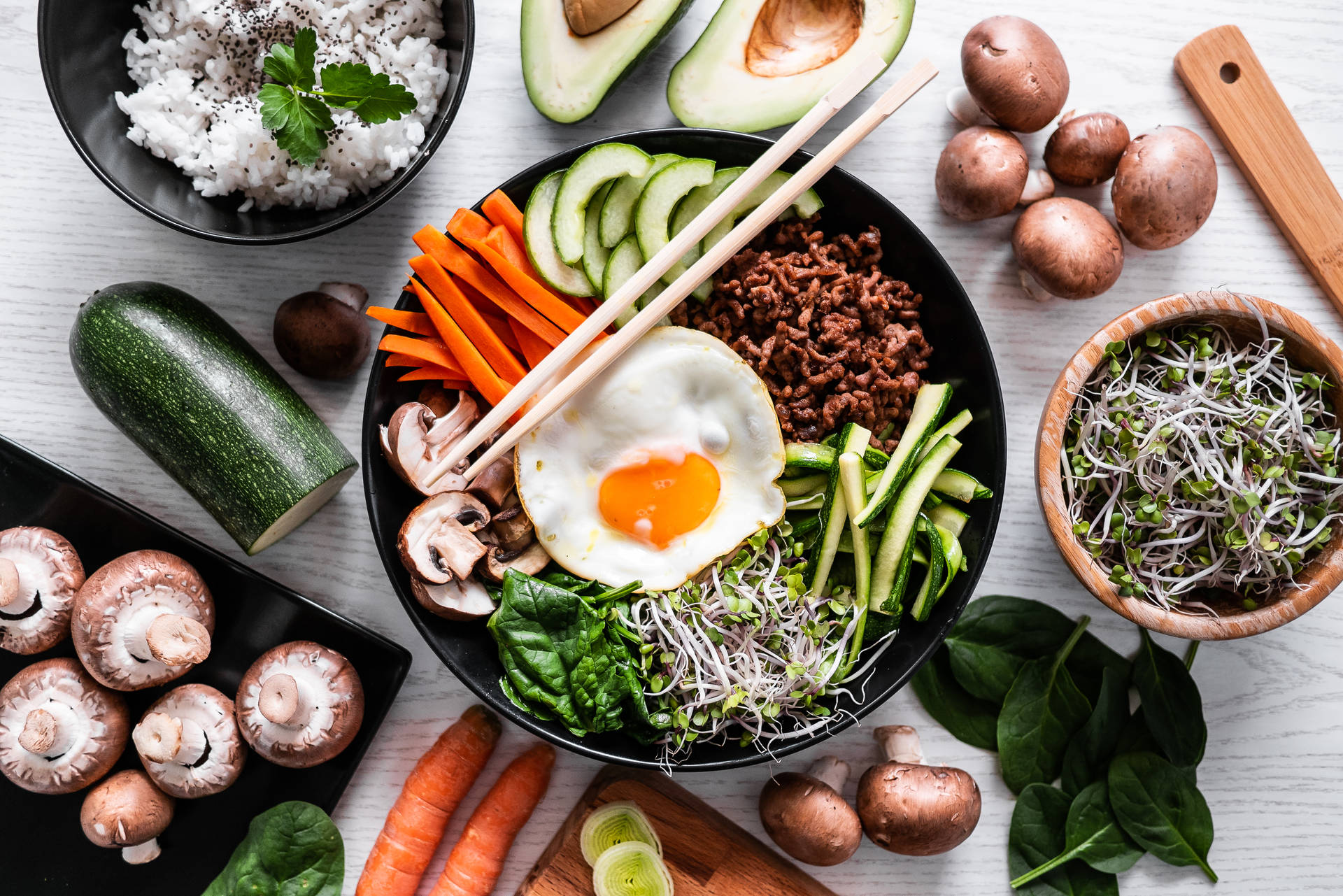 Bibimbap With Mushrooms And Avocados Background