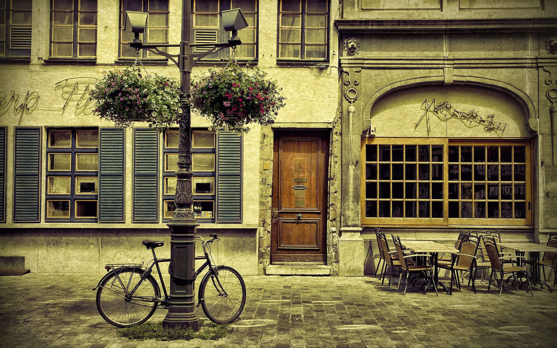 Bicycle Outside Coffee Shop Background