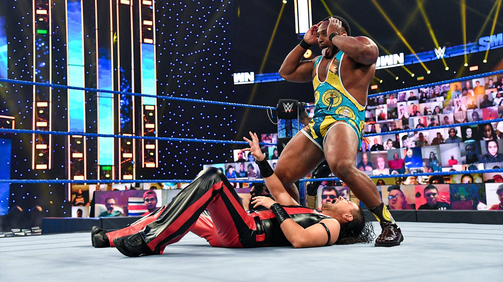 Big E In A Powerful Clash With Shinsuke Nakamura Background