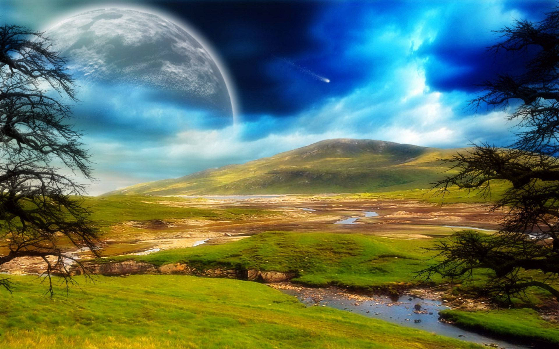 Big Moon Above Meadow Background
