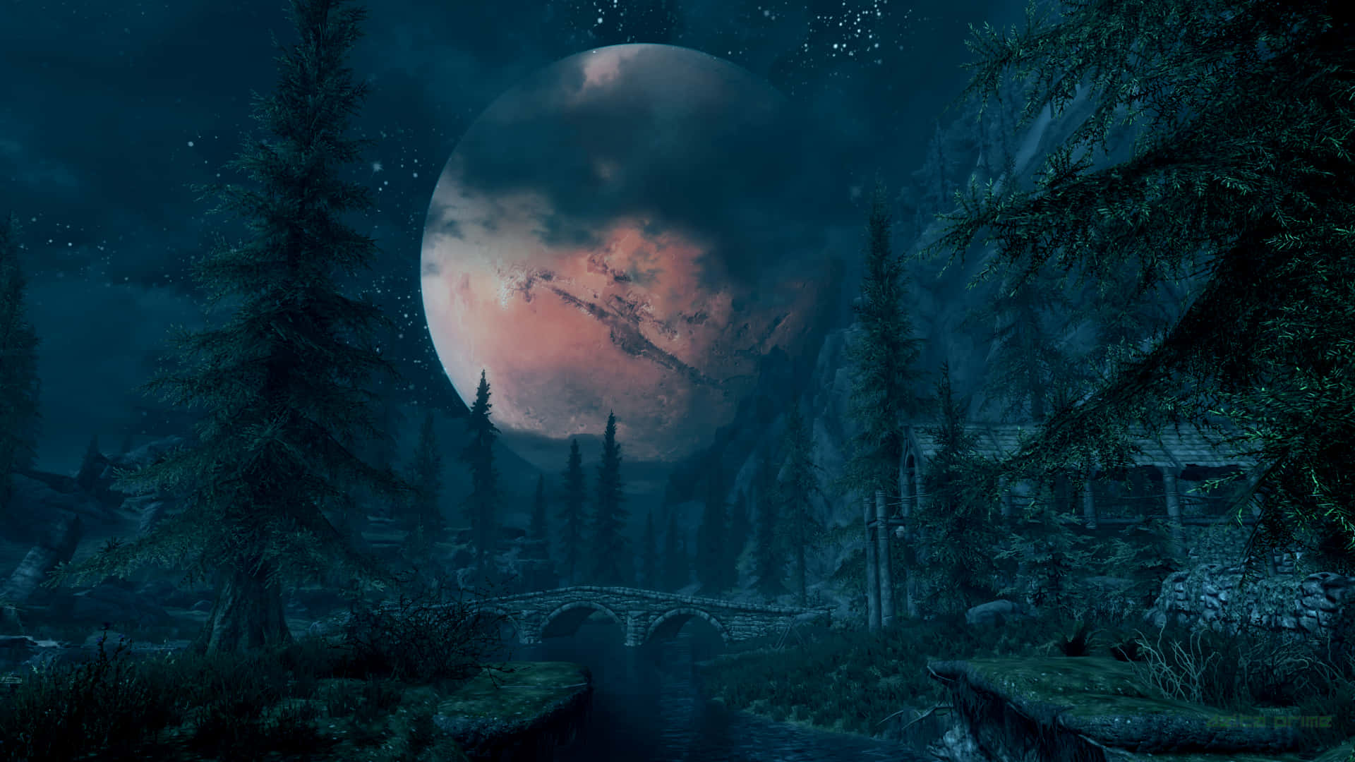 Big Moon On Forest Skyrim Landscape Background