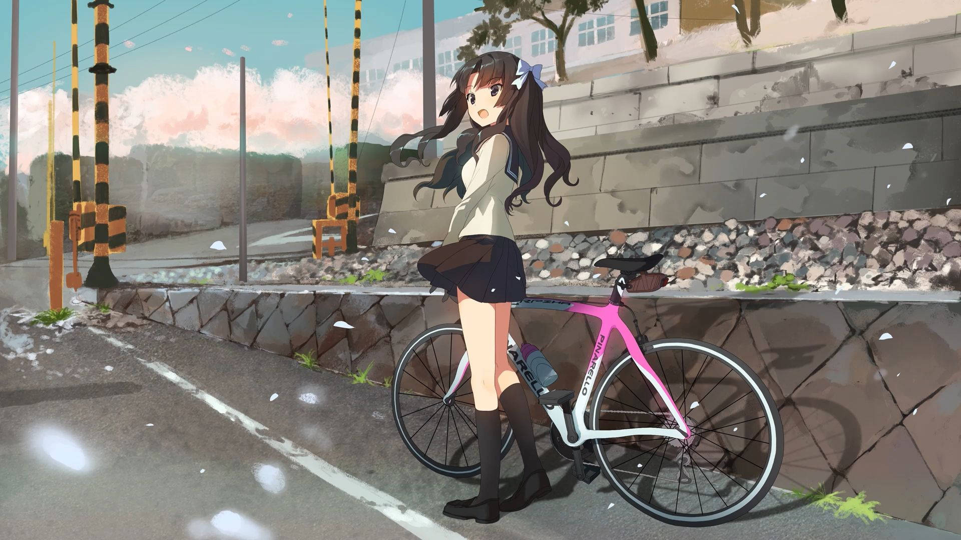 Bike Lover Anime Girl On Roadside Background