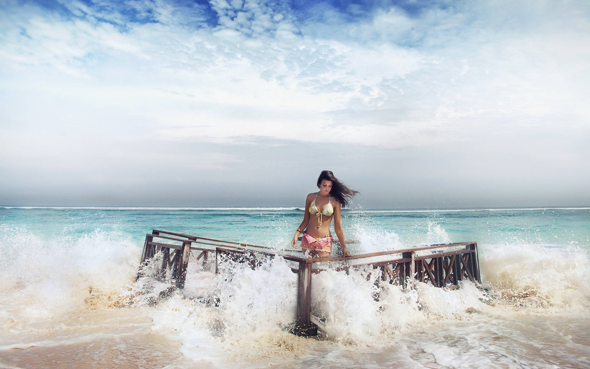 Bikini Girl At Wooden Bridge Background