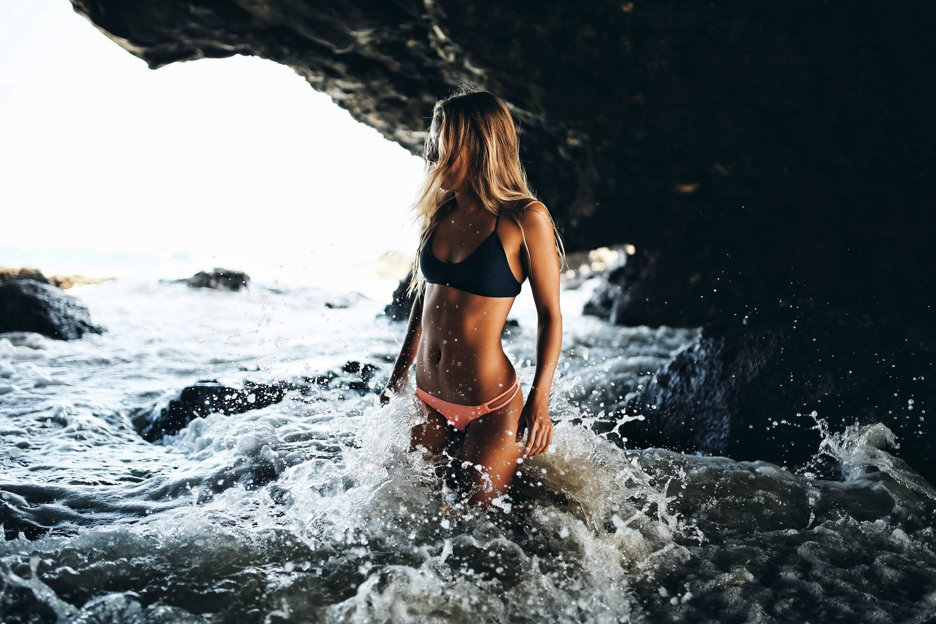 Bikini Girl In Sea Cave Background