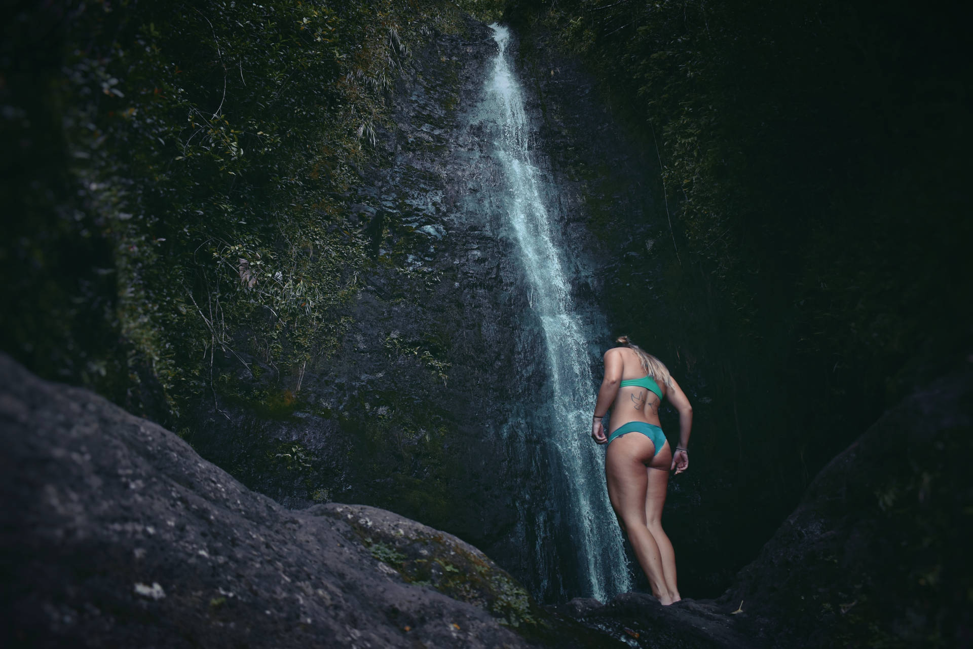 Bikini Girl In Waterfalls Background