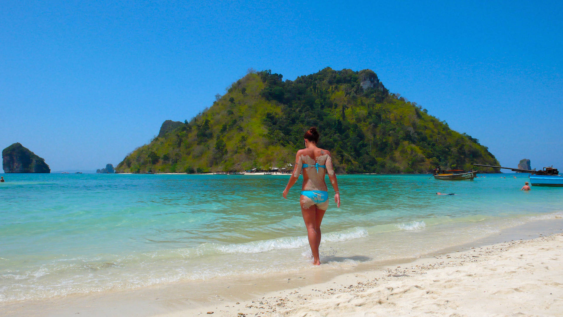 Bikini Girl On Beach Shore Background