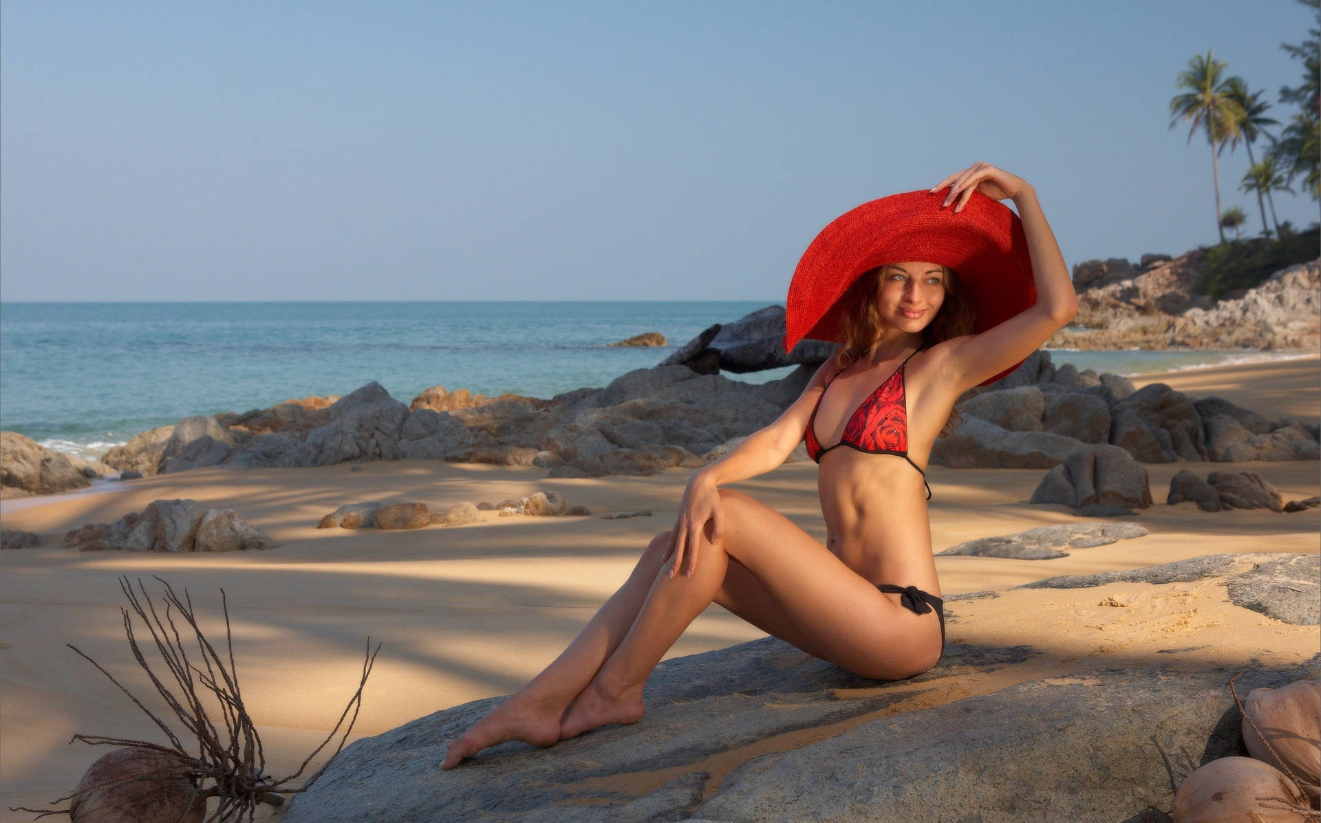 Bikini Girl Wearing A Red Hat Background