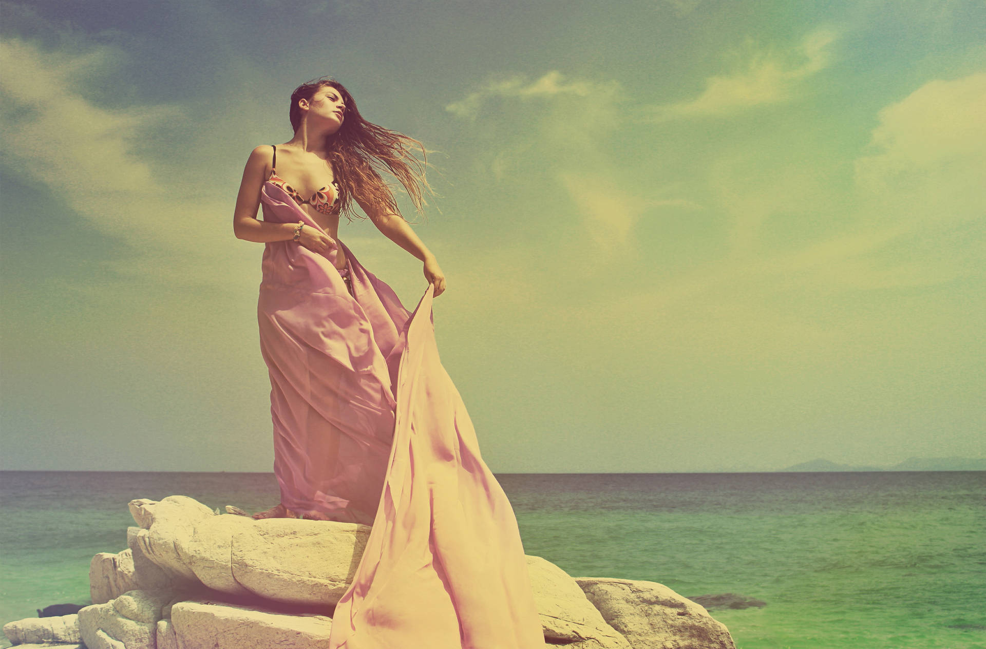 Bikini Girl With Pink Cloth Background