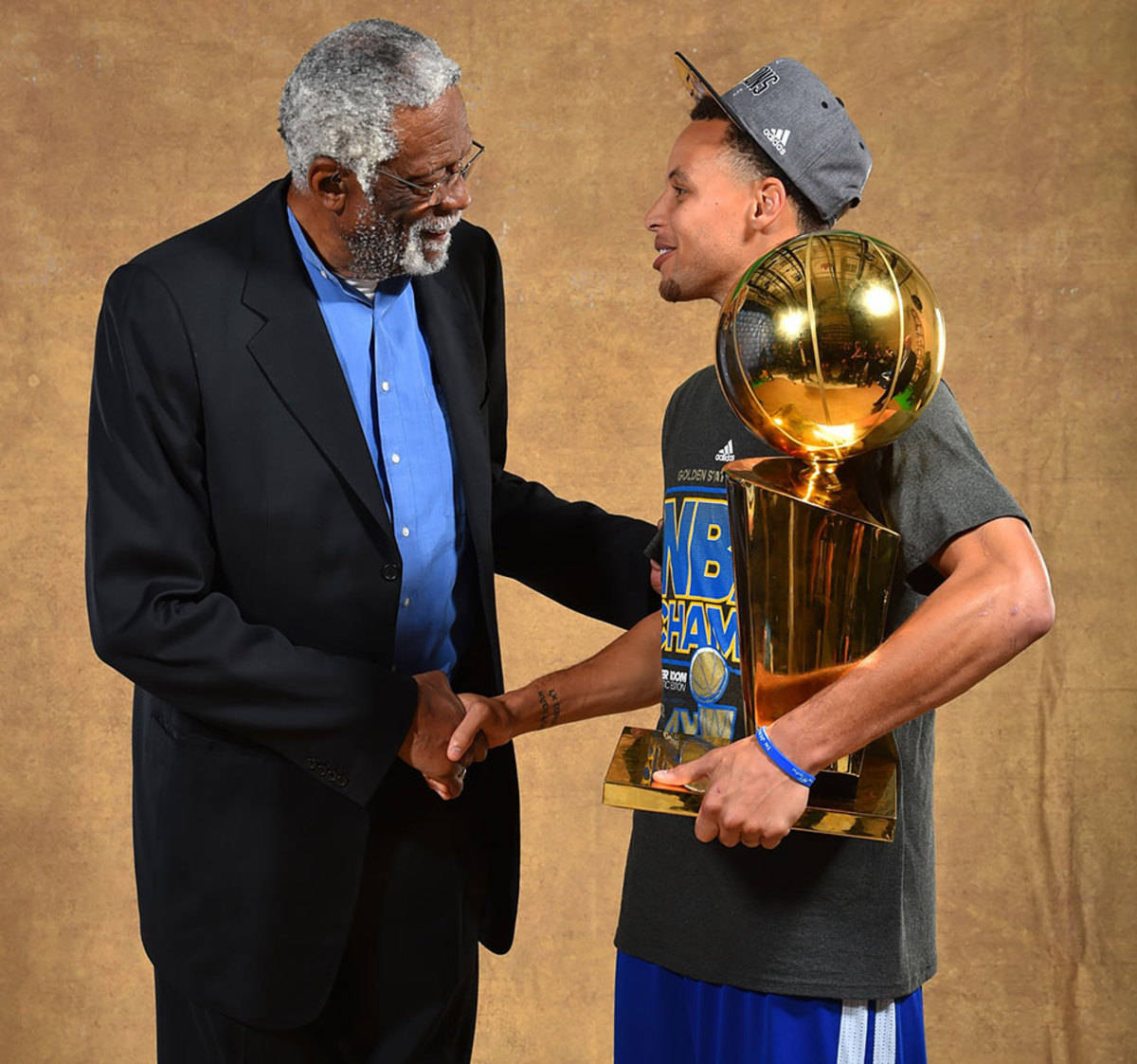 Bill Russell Stephen Curry Nba Championship Trophy Background