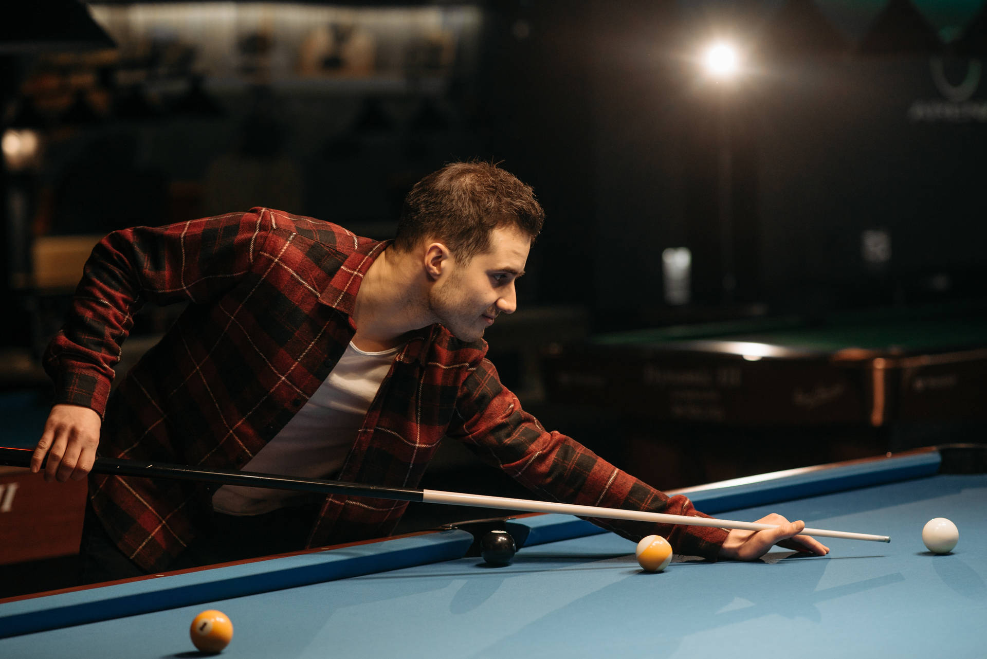 Billiards Man Playing On Table Background