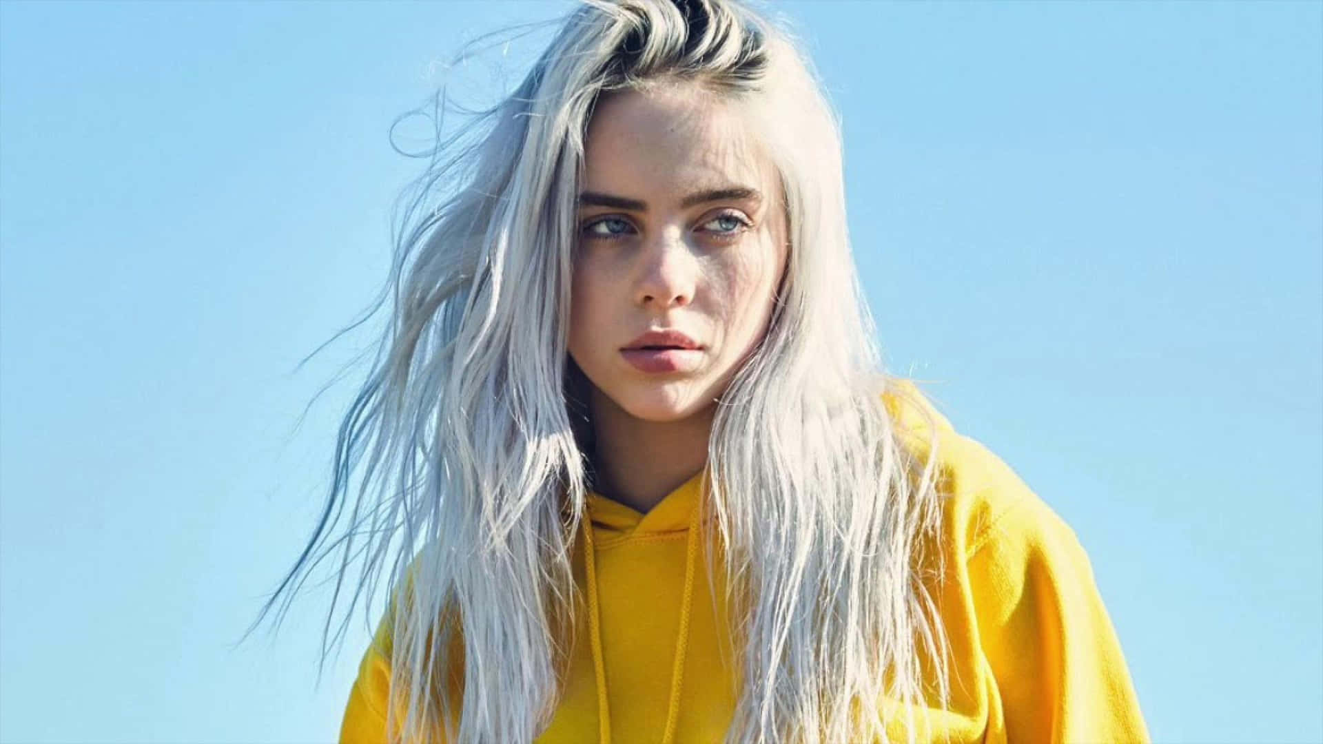 Billie Eilish Poses With A Laptop Background