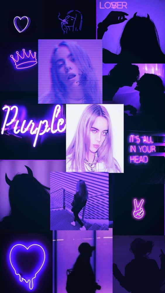 Billie Eilish Singing A Passionate Pop Song In A Purple Ensemble Background