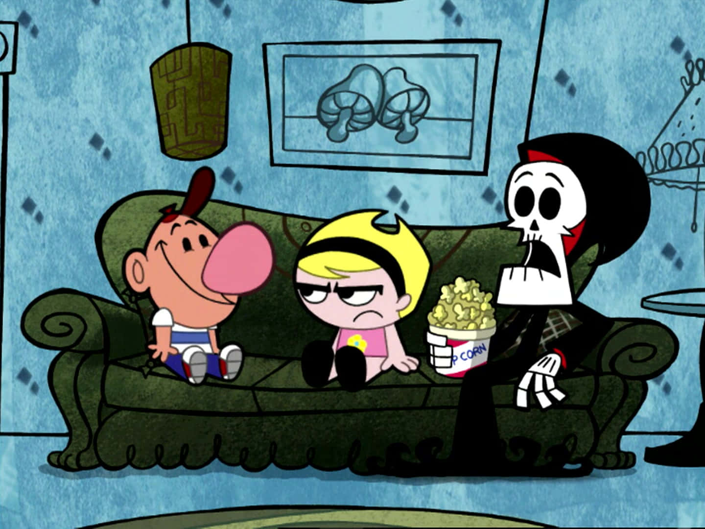 Billy, Mandy, And Grim Standing Together In A Spooky Graveyard In The Grim Adventures Of Billy & Mandy Background