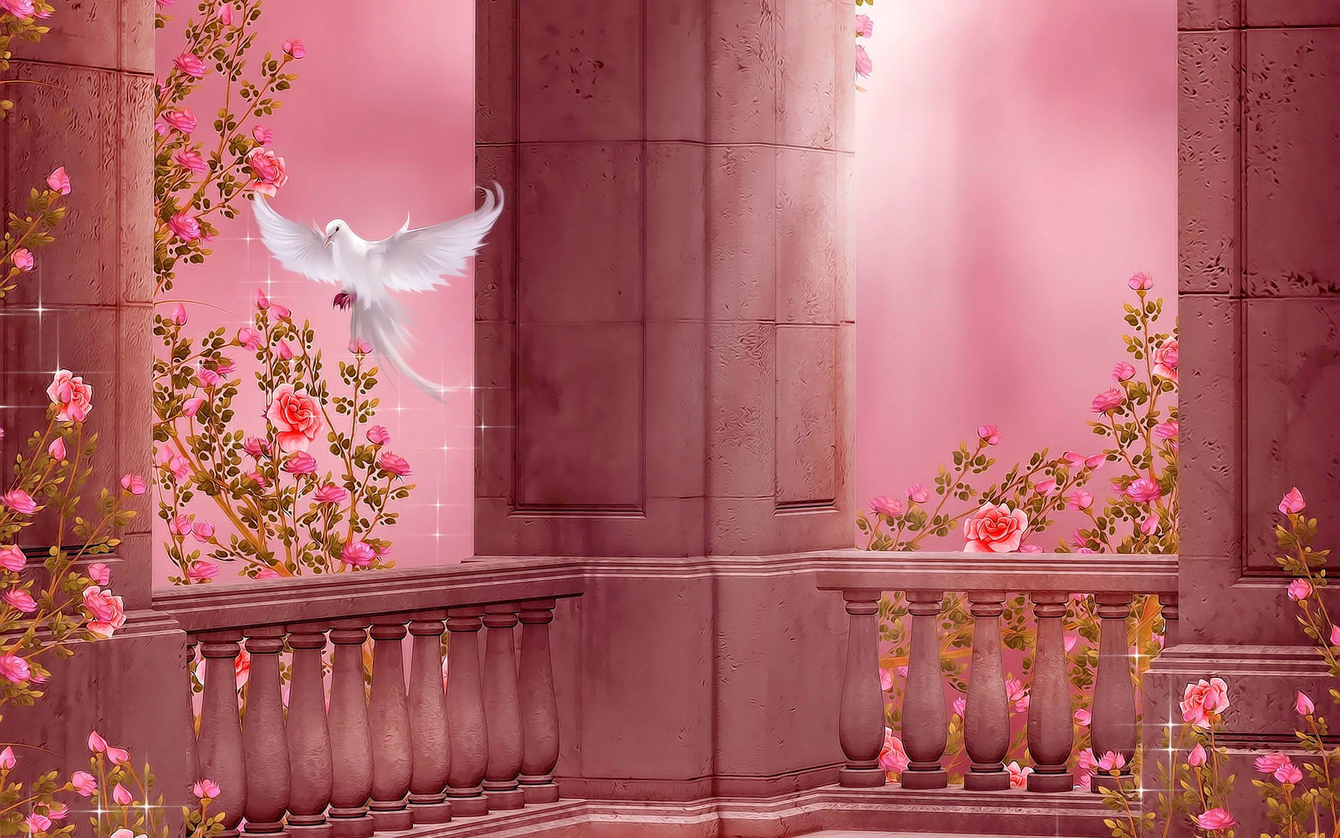 Bird In Enchanted Rose Garden Background