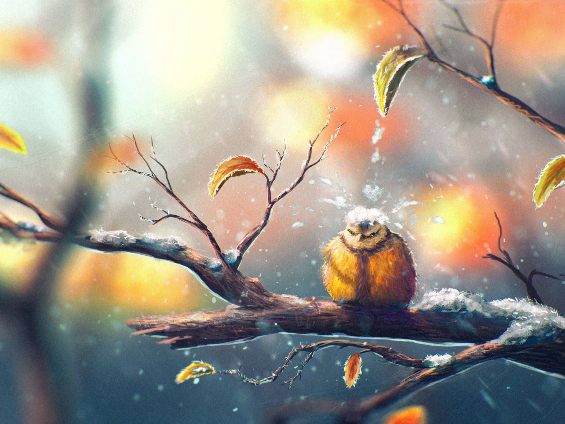 Bird On Tree Painting Desktop Background