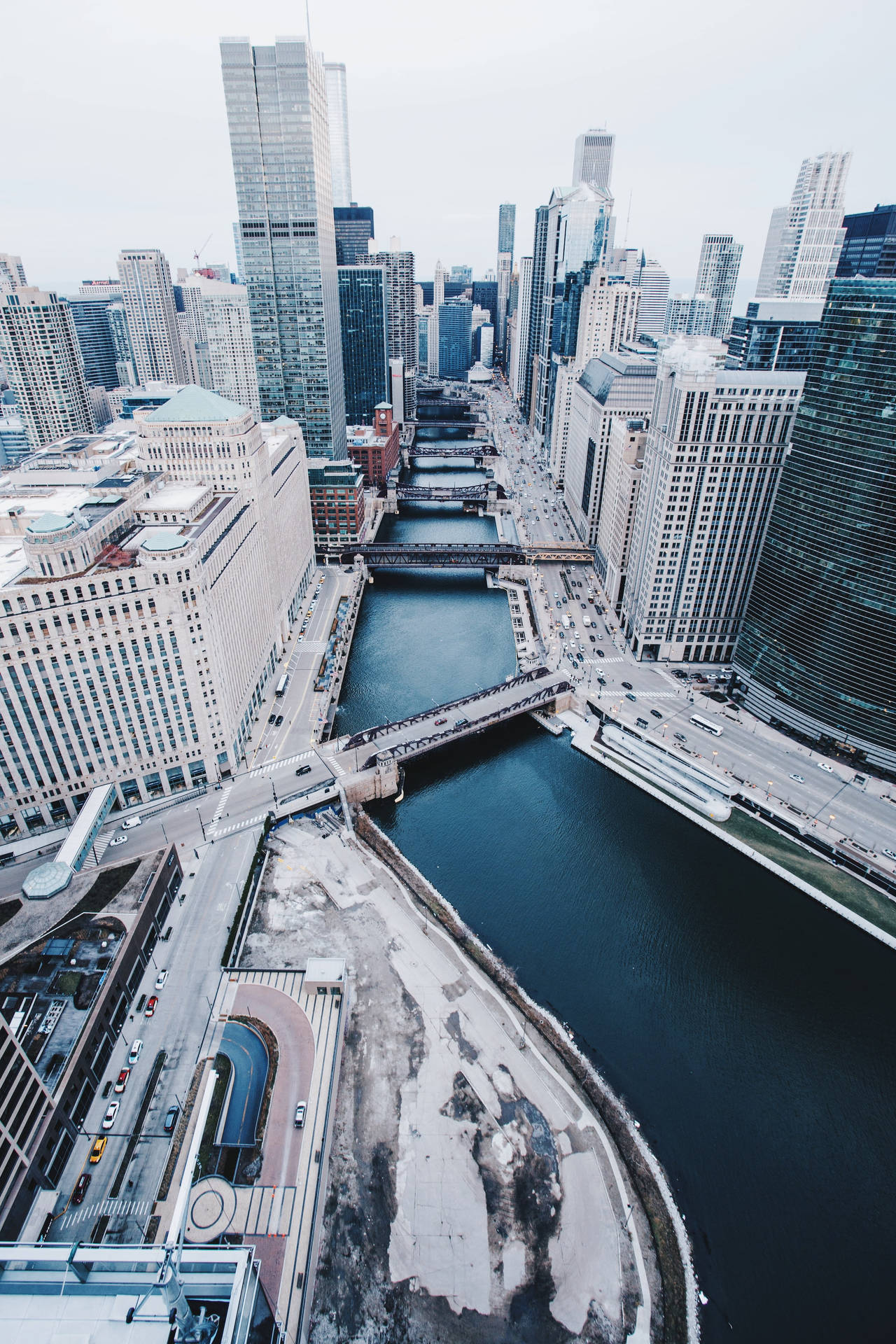 Bird’s Eye View Of Chicago Skyline River Background