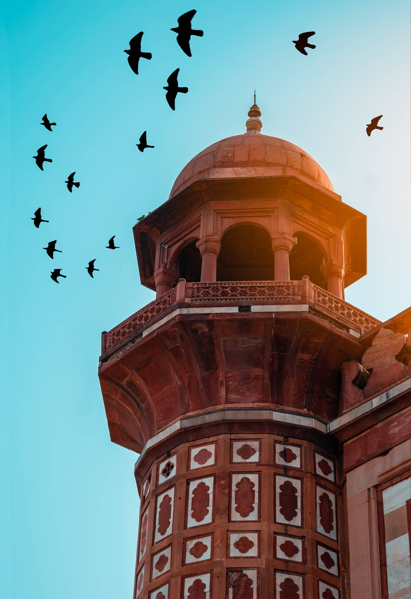 Birds Flying Above A Historical Tower Background