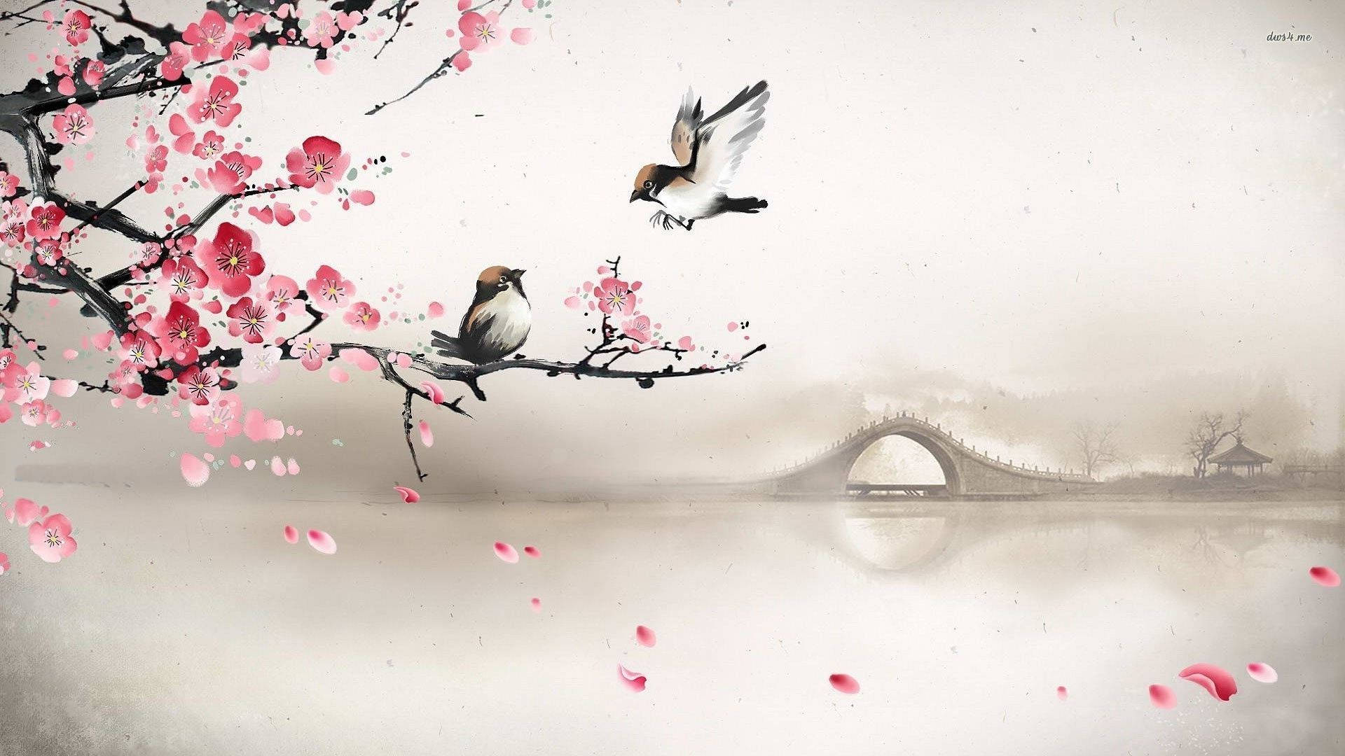 Birds On A Branch Digital Drawing Background