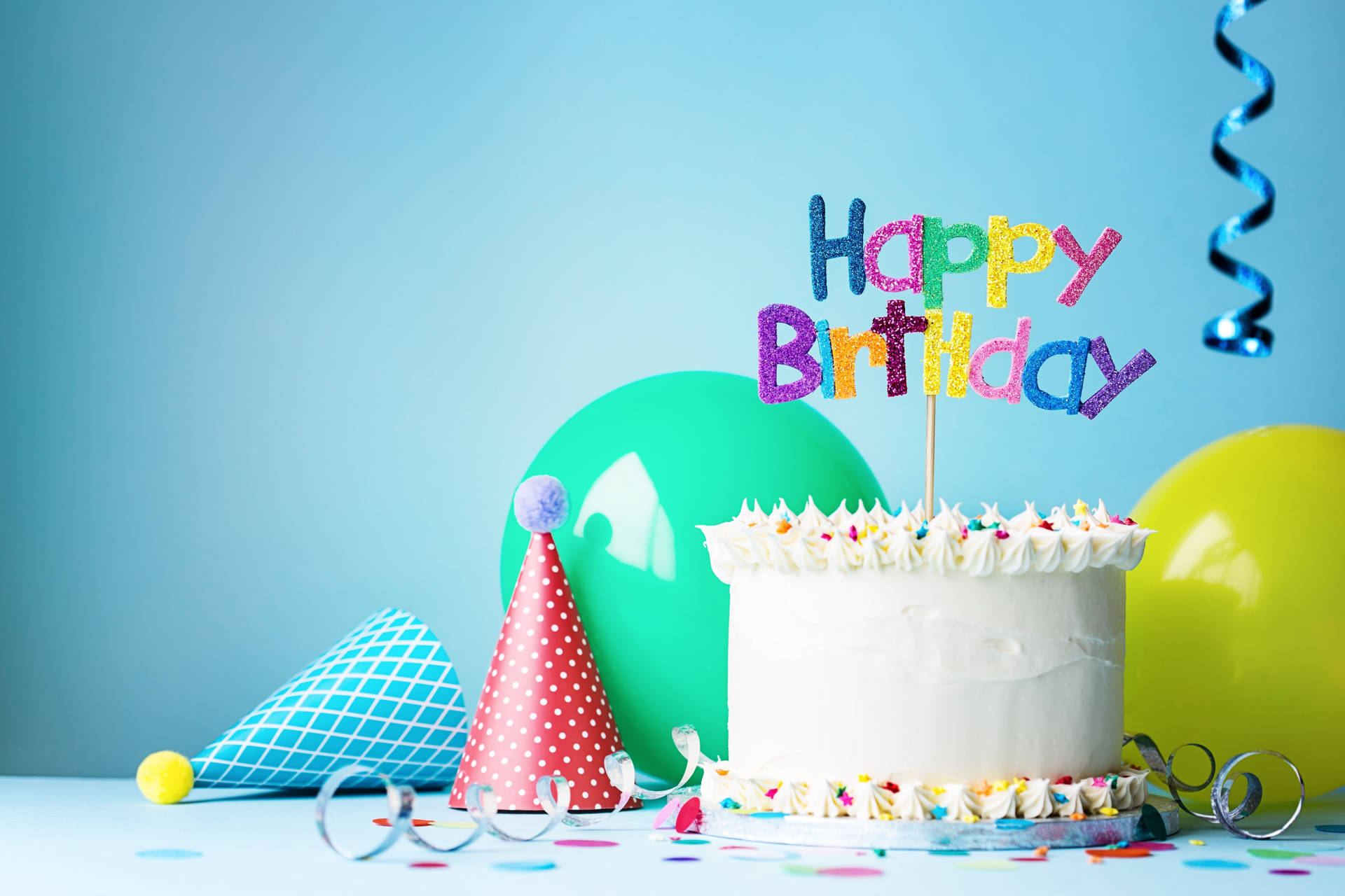 Birthday Cake Balloons And Party Hat Background