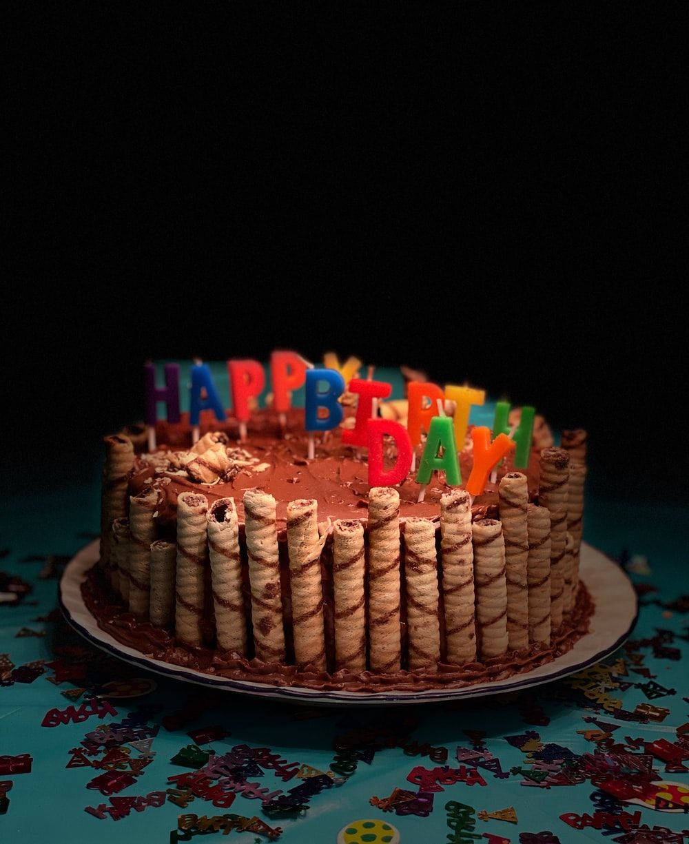 Birthday Cake With Chocolate Wafer Sticks Background
