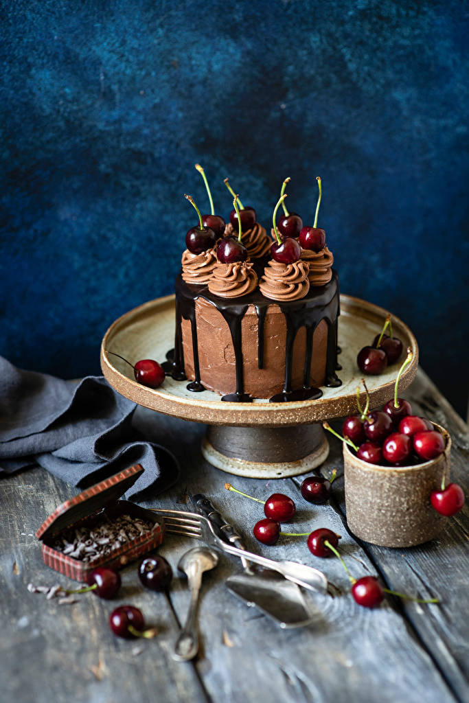 Birthday Cake With Gourmet Dark Cherries Background