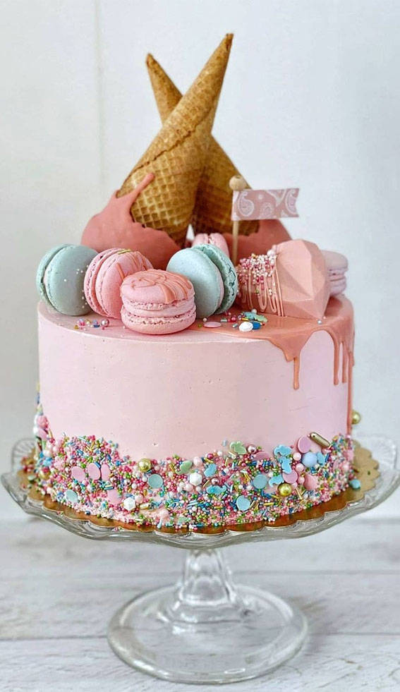 Birthday Cake With Macaroons And Cone Background