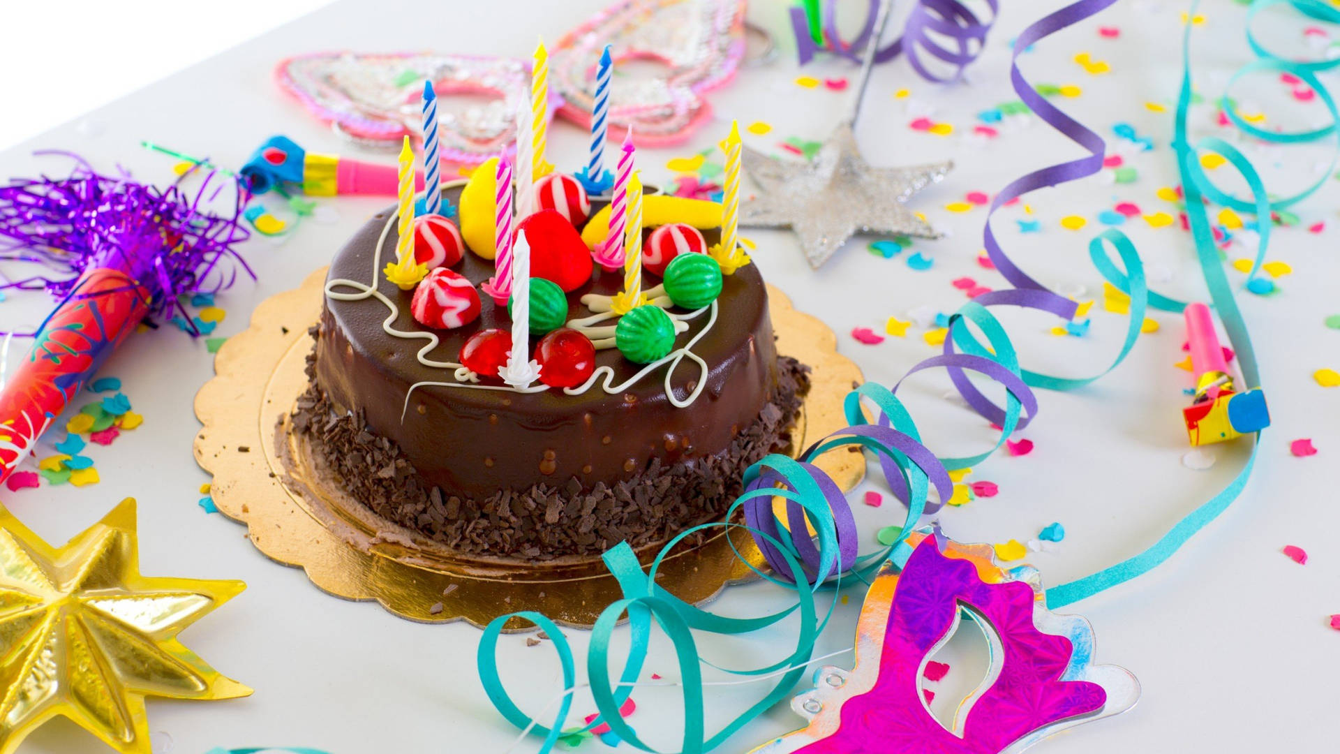 Birthday Cake With Party Materials Background
