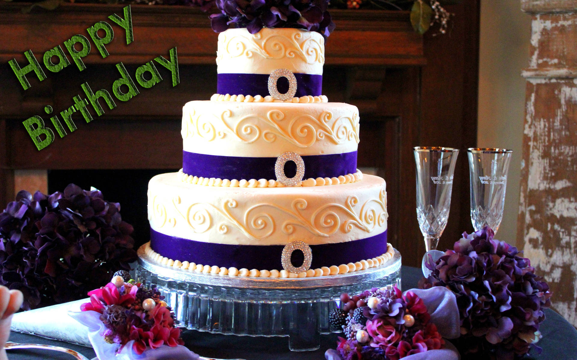 Birthday Cake With Purple Ribbons Background