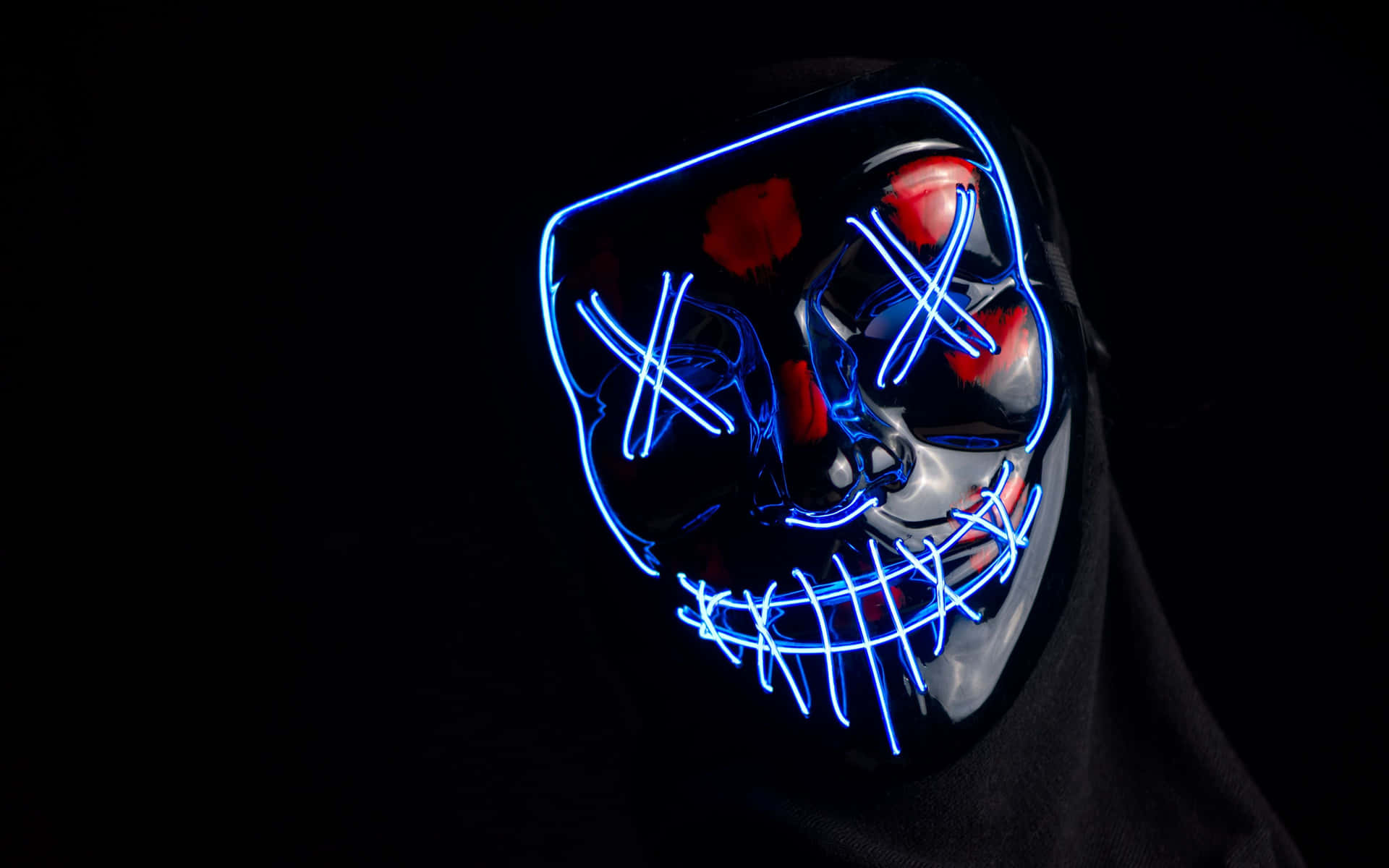 Black 4k Mask Anonymous With Blue Neon Lights