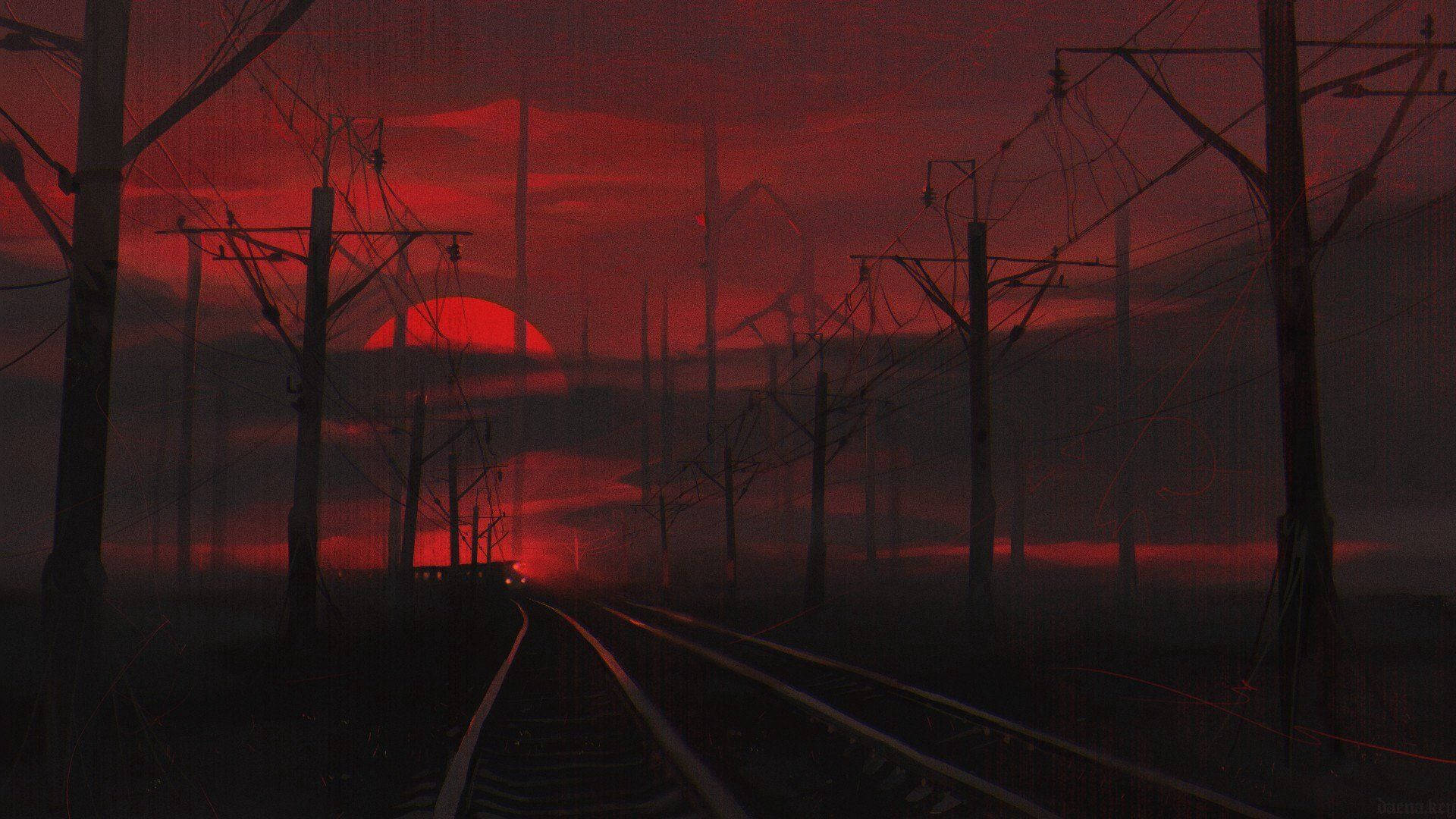 Black And Red Railroad Under Sky Background