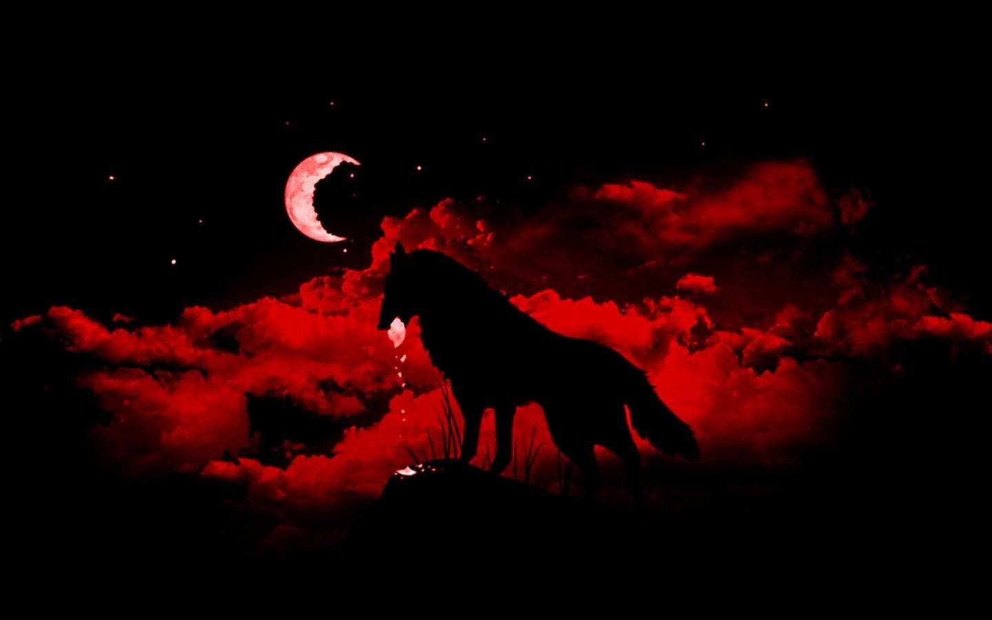 Black And Red Wolf Under Moonlight Background