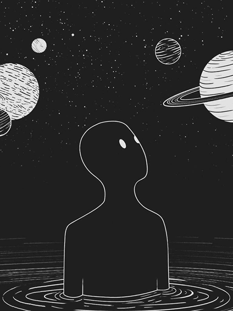 Black And White Anime Aesthetic With Planets And Stars Background