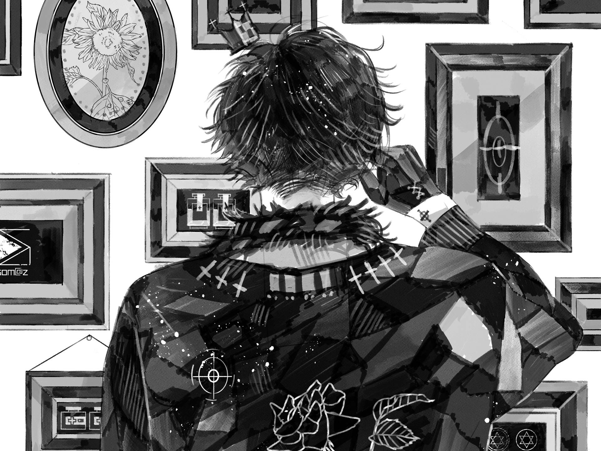 Black And White Anime Boy Back View Background