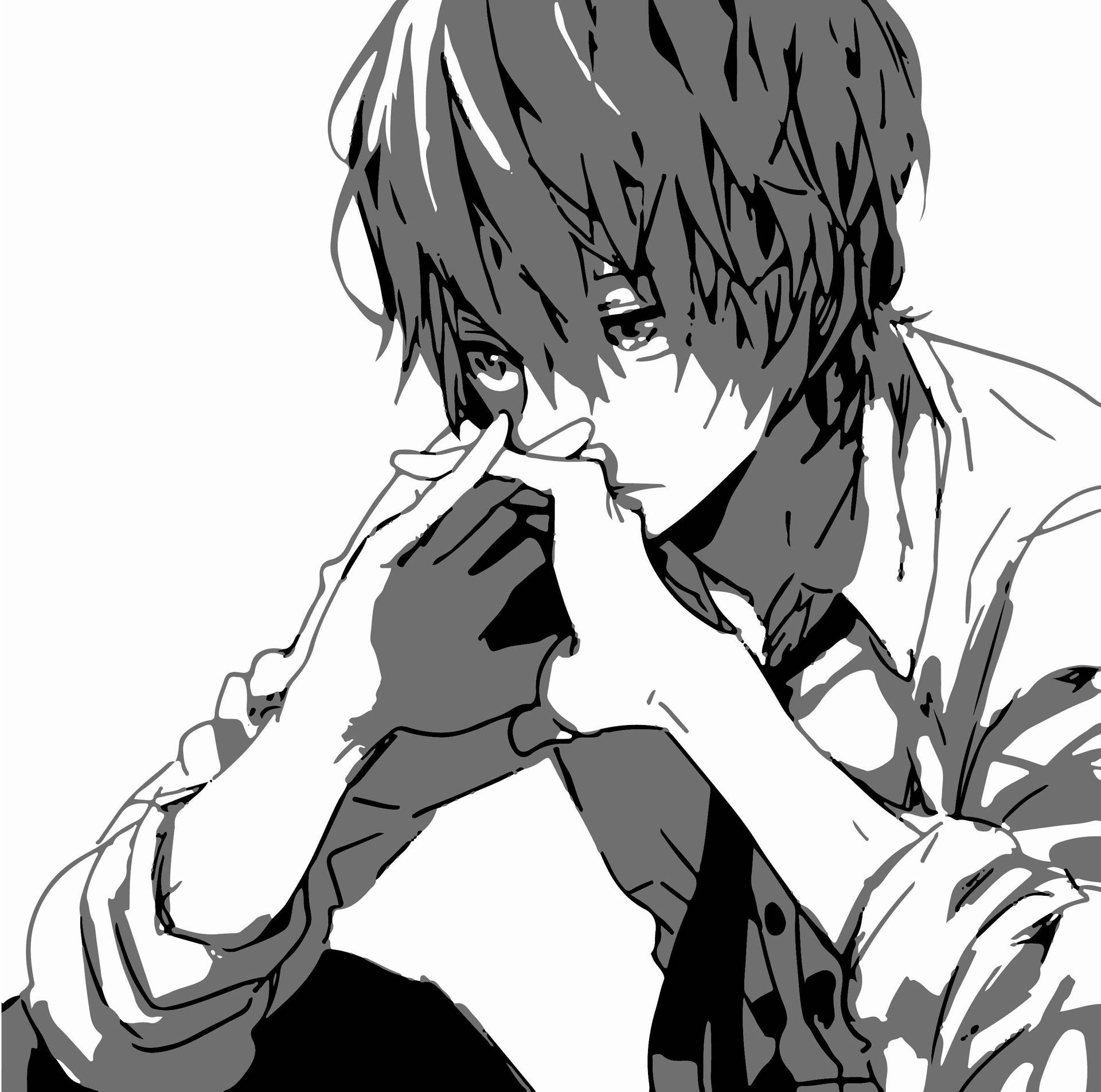 Black And White Anime Boy Looking Down Background