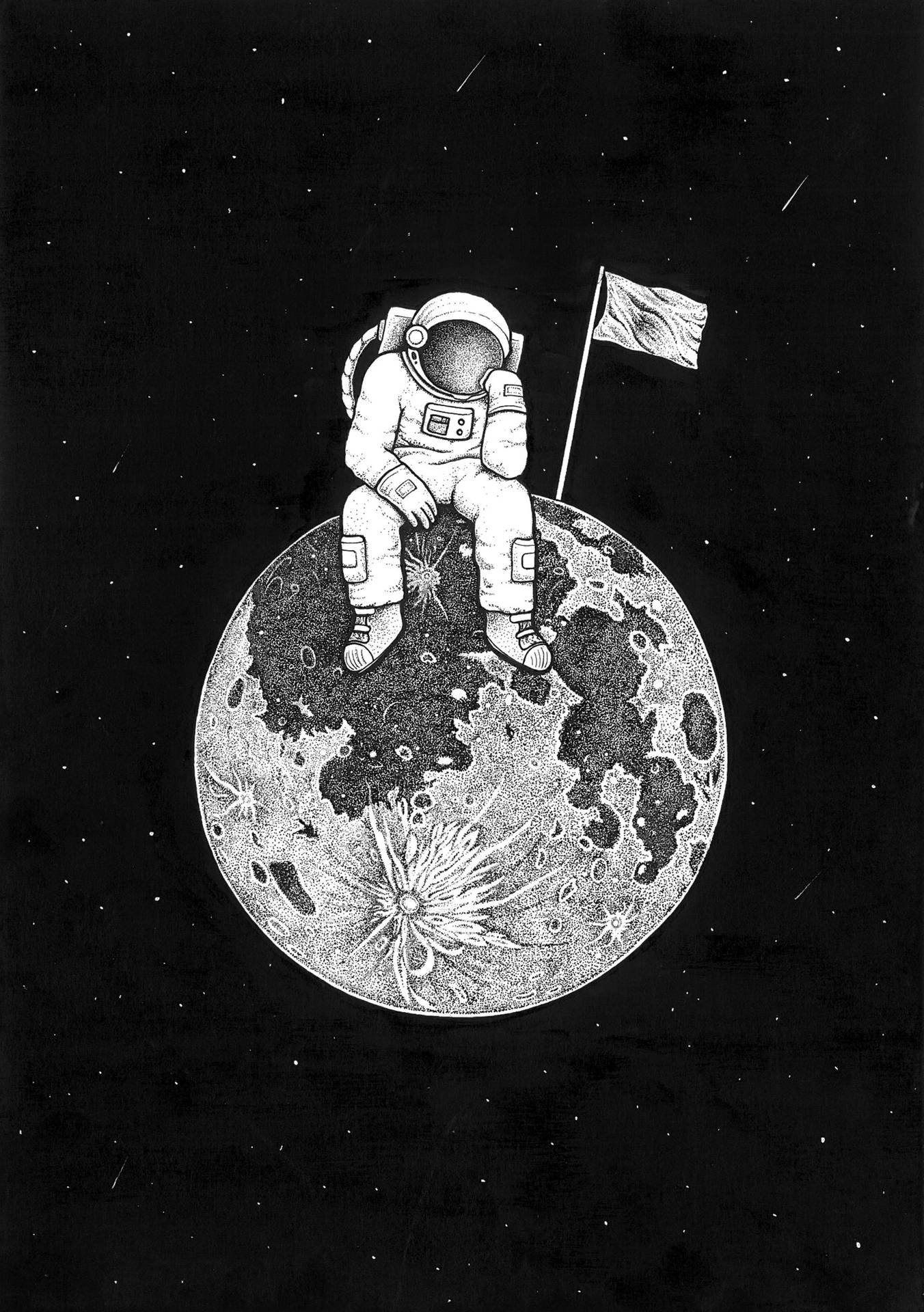 Black And White Astronaut Sitting On Planet Art Background