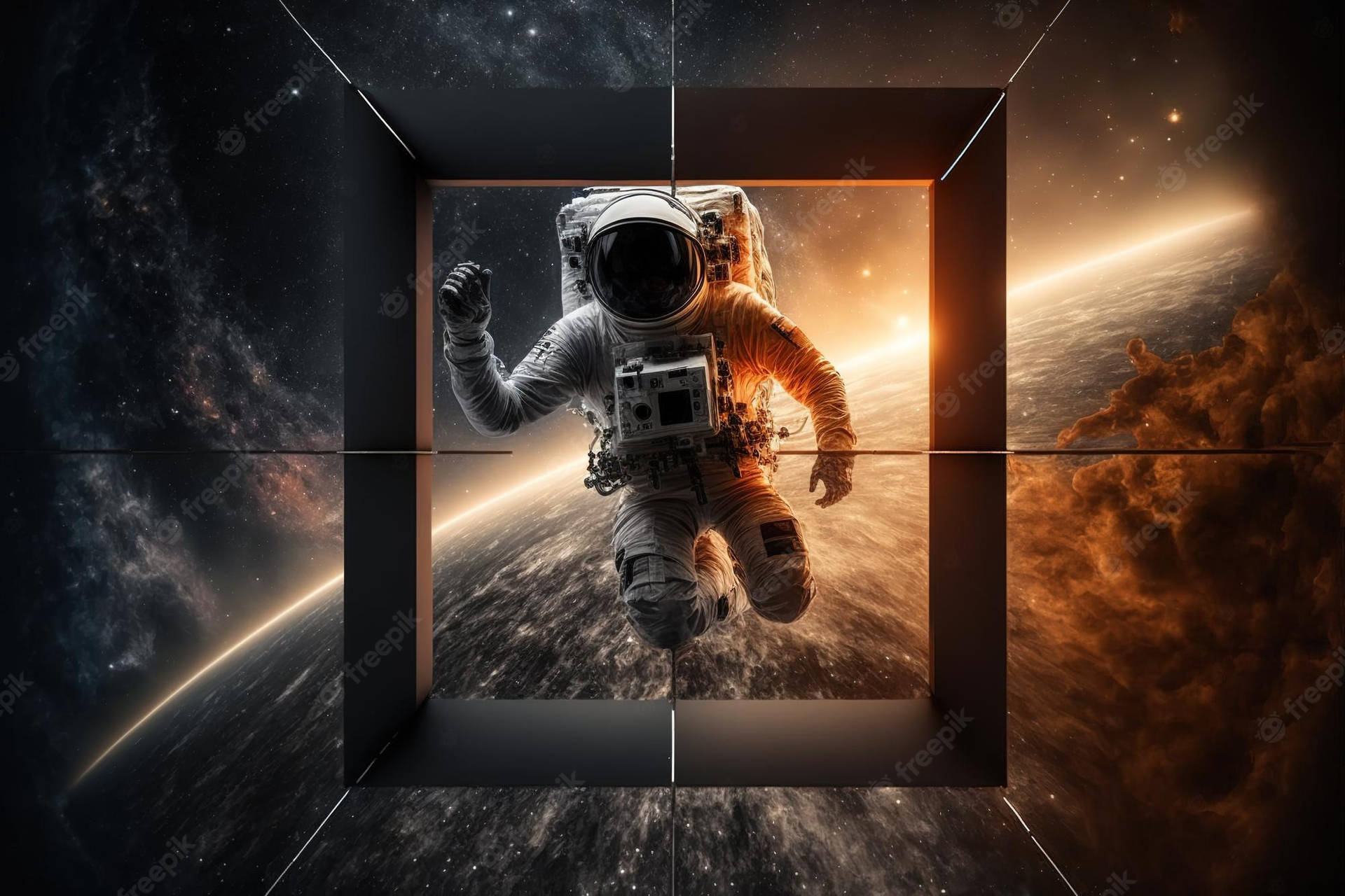 Black And White Astronaut Sqaure Frame Sun Ray Background