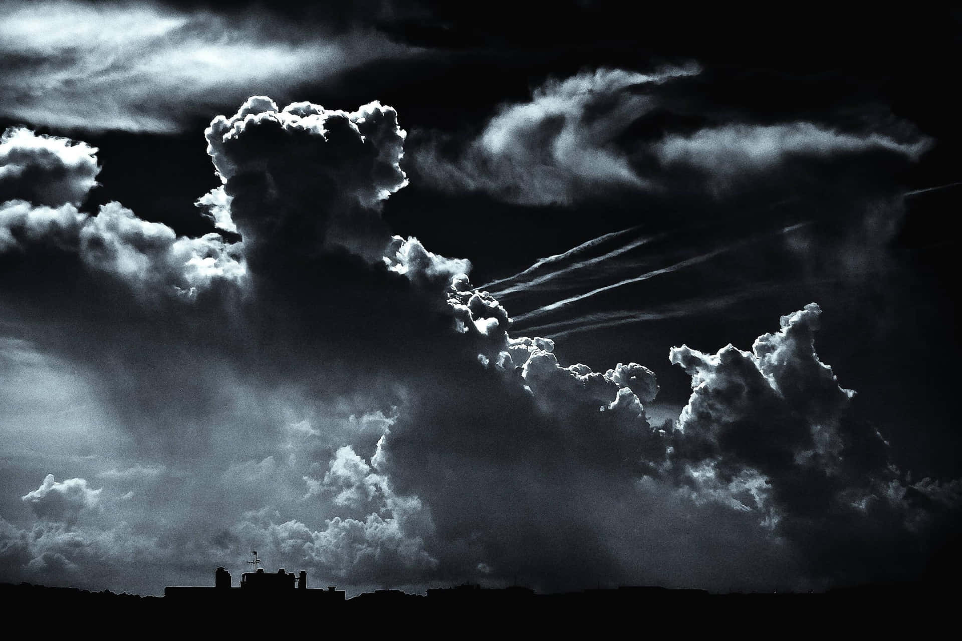 Black And White Cloud House Silhouette Background