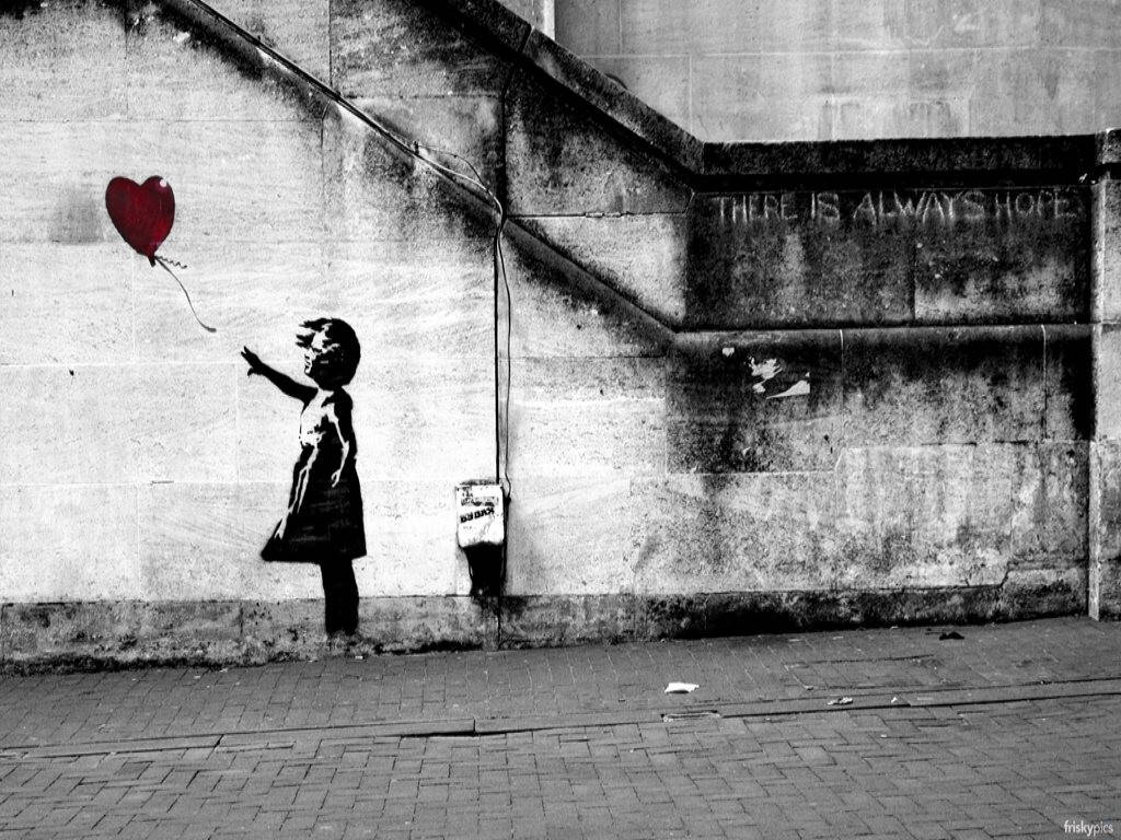 Black And White Graffiti Girl With Balloon Banksy Background