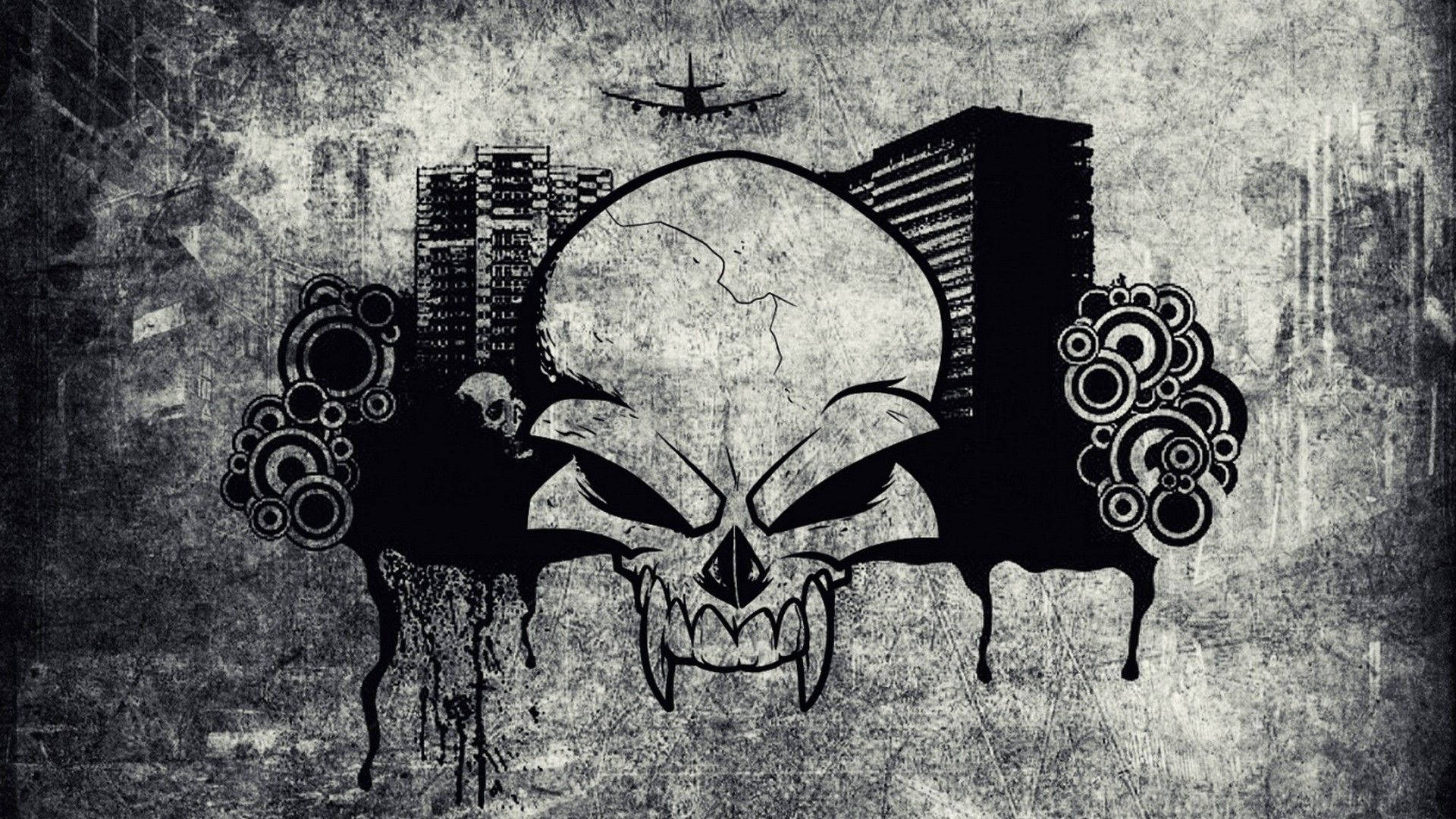 Black And White Graffiti Skull With Fangs Background